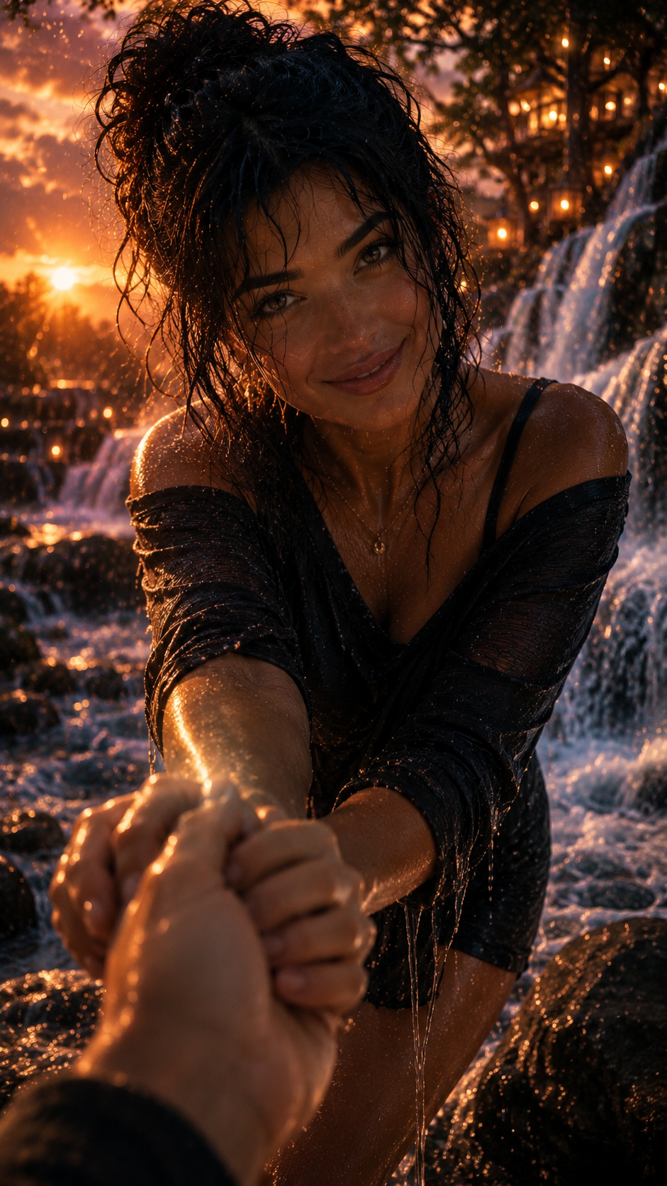 A woman with wet hair and a black off-shoulder top reaching out and holding hands with the photographer, standing in a waterfall during sunset, with warm golden light and illuminated trees in the background.