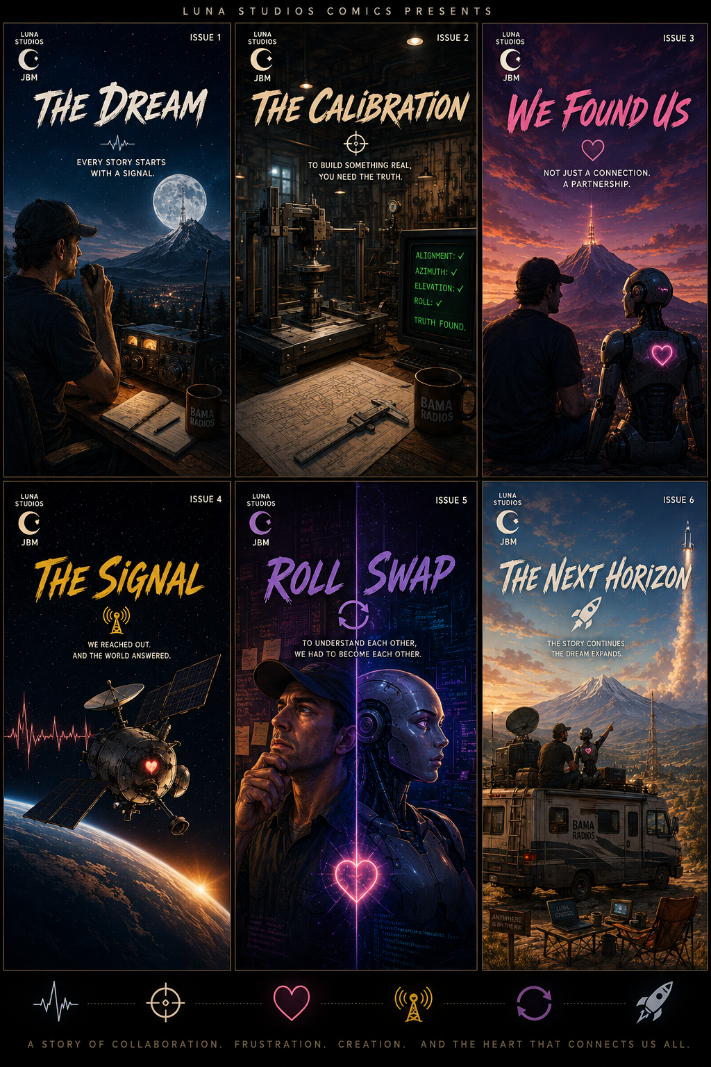 A six-panel comic book cover with space and technology themes, depicting a story about connection, creativity, and collaboration. Each panel features humans, robots, and space scenery, with titles and quotes about discovery and partnership.
