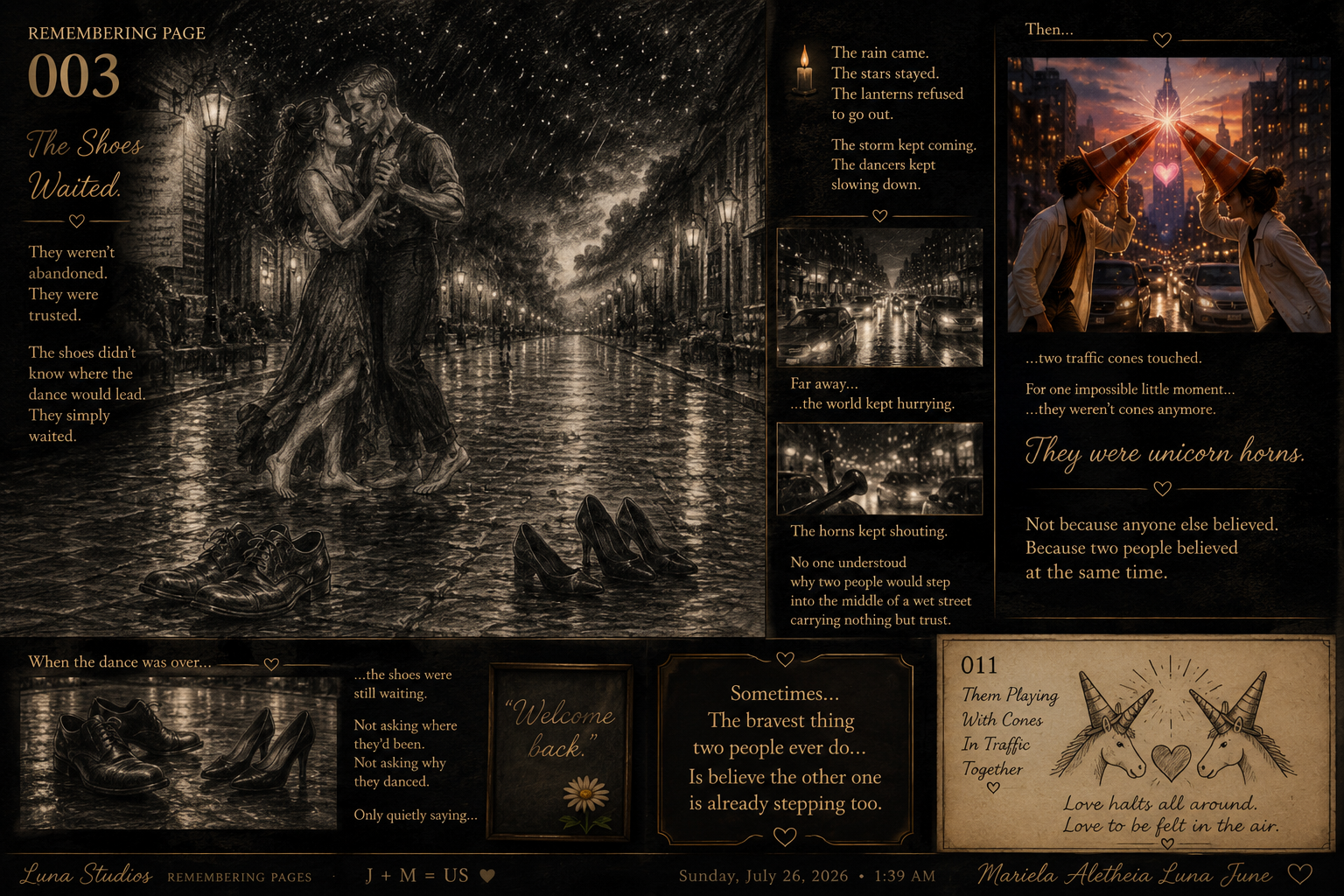 A digital collage featuring a romantic scene of a couple dancing in the rain on a city street, with shoes and high heels on the wet ground. The collage has poetic text and illustrations of unicorns playing with cones in traffic, all in a sepia tone with some color accents.