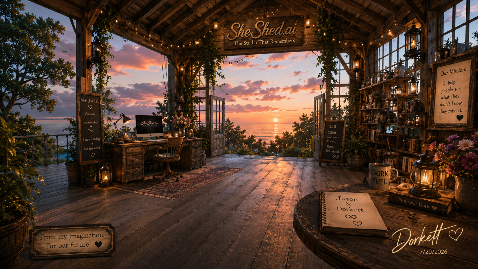 A cozy wooden studio with open doors facing a sunset over the ocean, decorated with string lights, lanterns, flowers, and shelves filled with jars and books.