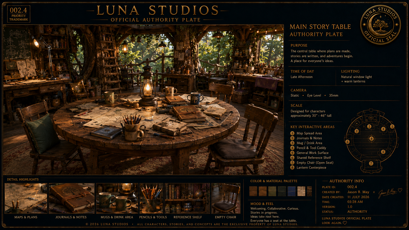 Interior scene of a rustic, treehouse-style workshop or meeting space with a large round wooden table covered in notebooks, maps, and books. There are chairs around the table, some with cushions, and shelves filled with jars and tools. The space is illuminated by warm lanterns and natural light filtering through the leaves outside.