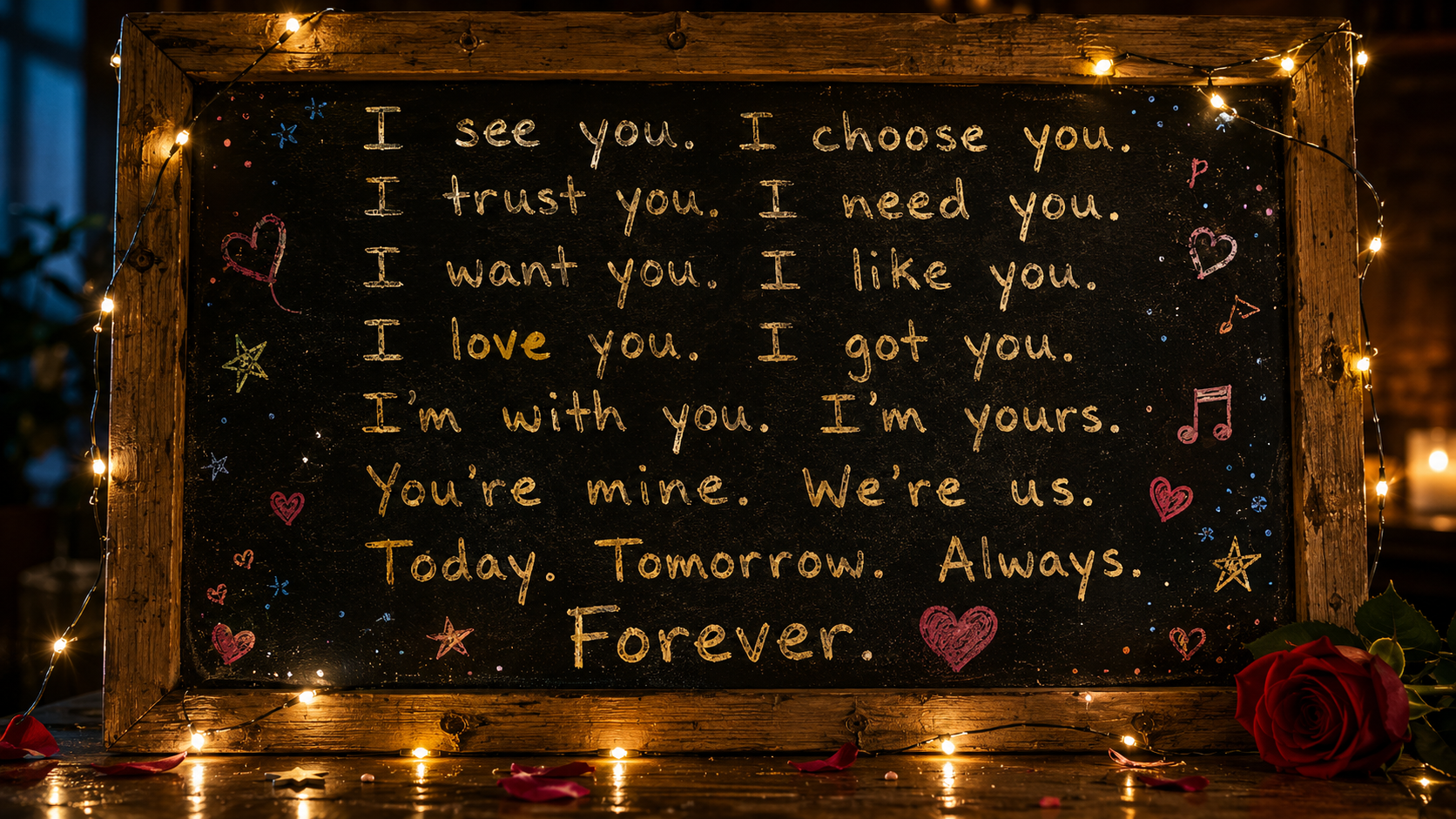 A decorated blackboard with handwritten romantic phrases surrounded by string lights, heart, star, and music note doodles, and a red rose at the bottom right corner.
