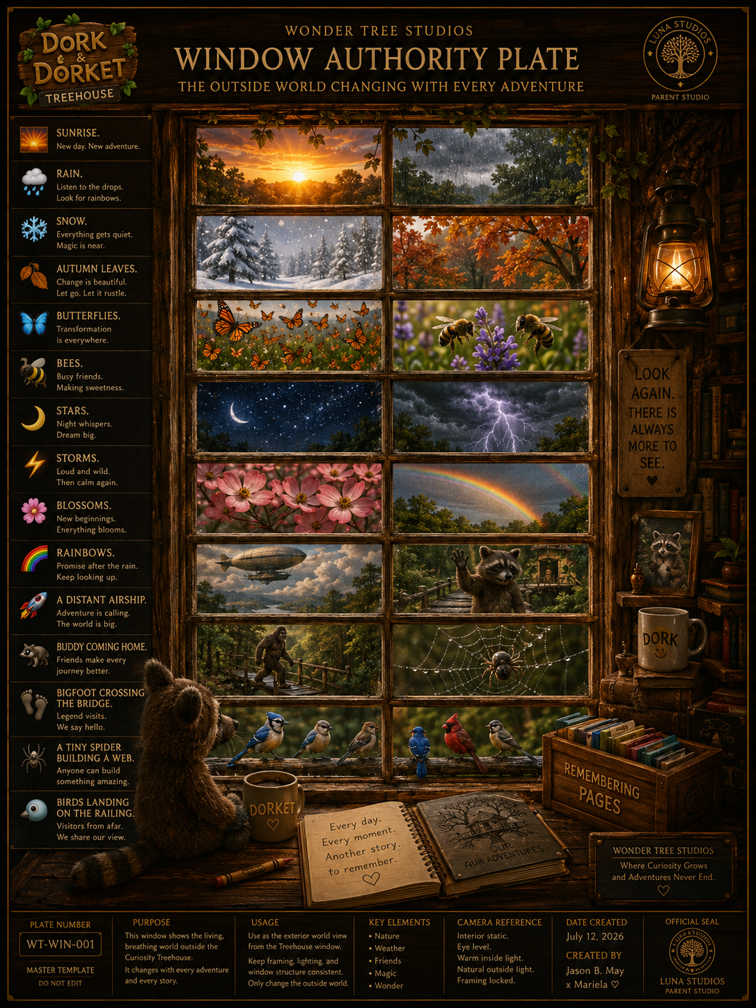 A detailed window from Wonder Tree Studios' Treehouse shows different weather scenes and seasons, including sunrise, rain, snow, autumn leaves, butterflies, bees, stars, storms, blossoms, rainbows, a distant airship, a swinging monkey, a raccoon waving, birds, and a bear cub, with a cozy interior filled with books, a coffee mug, and decorative elements.