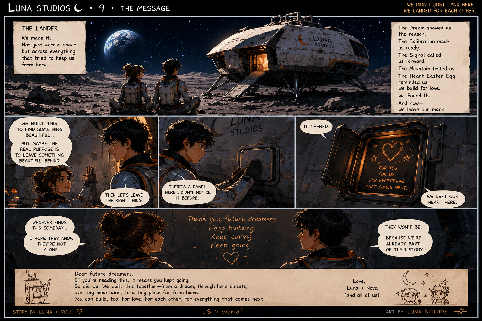 Two astronauts, Luna and Nova, sit on the lunar surface near a spaceship with the Earth visible in the background. They are reflecting on their journey, leaving a heart-shaped sign that reads, "For you, for us, for everything that comes next." The comic shares a heartfelt message about love, hope, and building a future together on the moon.
