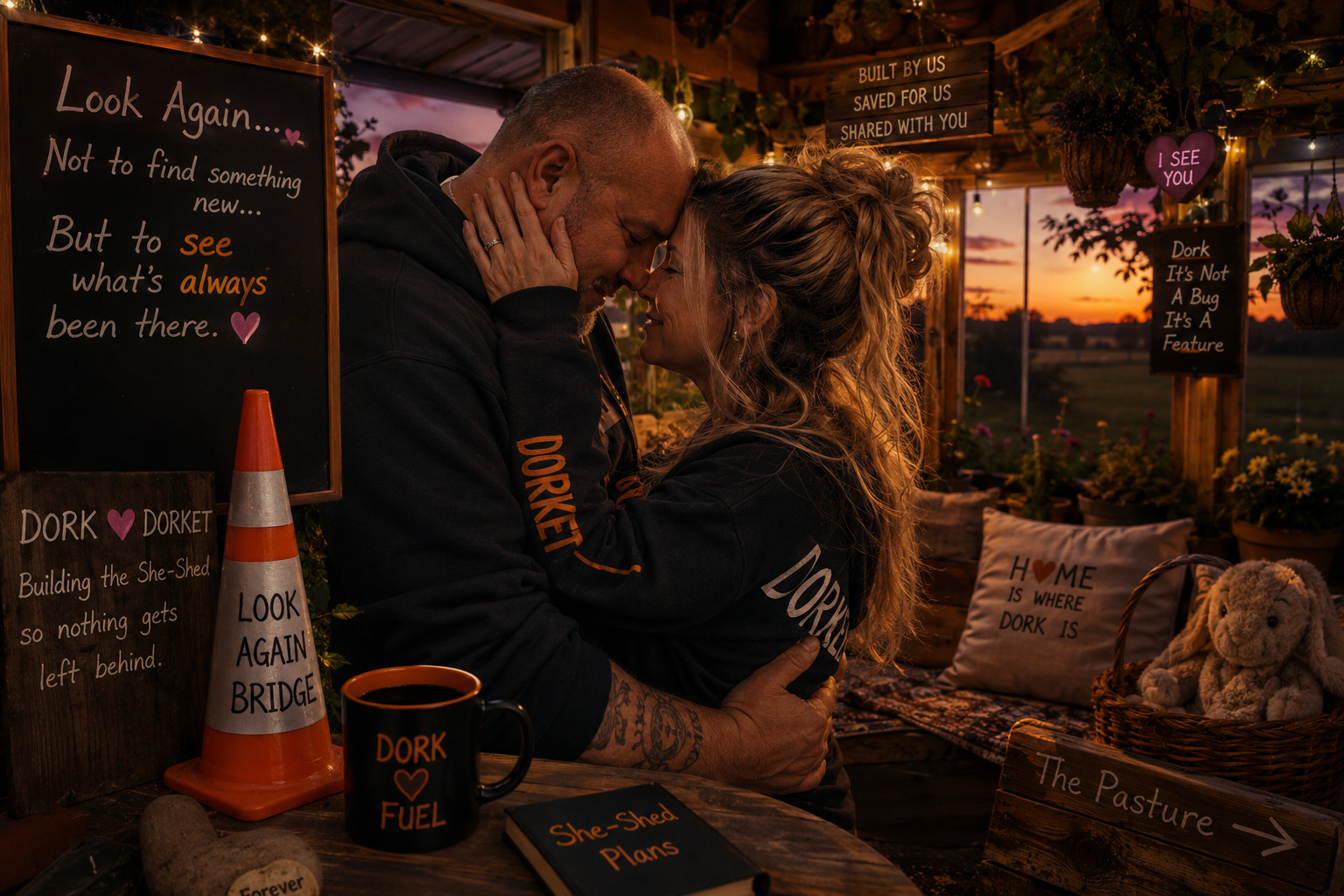 A couple embraces intimately in a cozy, decorated outdoor setting during sunset. The scene includes signs with messages about building and sharing, a cup labeled 'Dork Fuel', a small book titled 'She-Shed Plans', a stuffed teddy bear, and various potted plants and lights, creating a warm, romantic atmosphere.