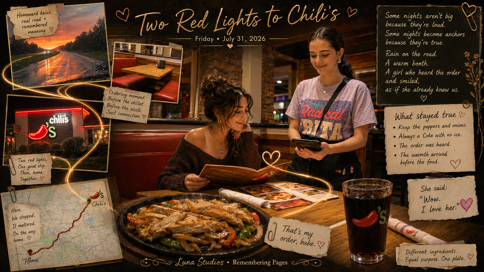 A woman sitting in a restaurant with a menu, and a waitress showing her a phone, with a pepperoni pizza, salad, and drink on the table. Decorated with notes, photos, and poetic quotes about a night out, travel, and love.