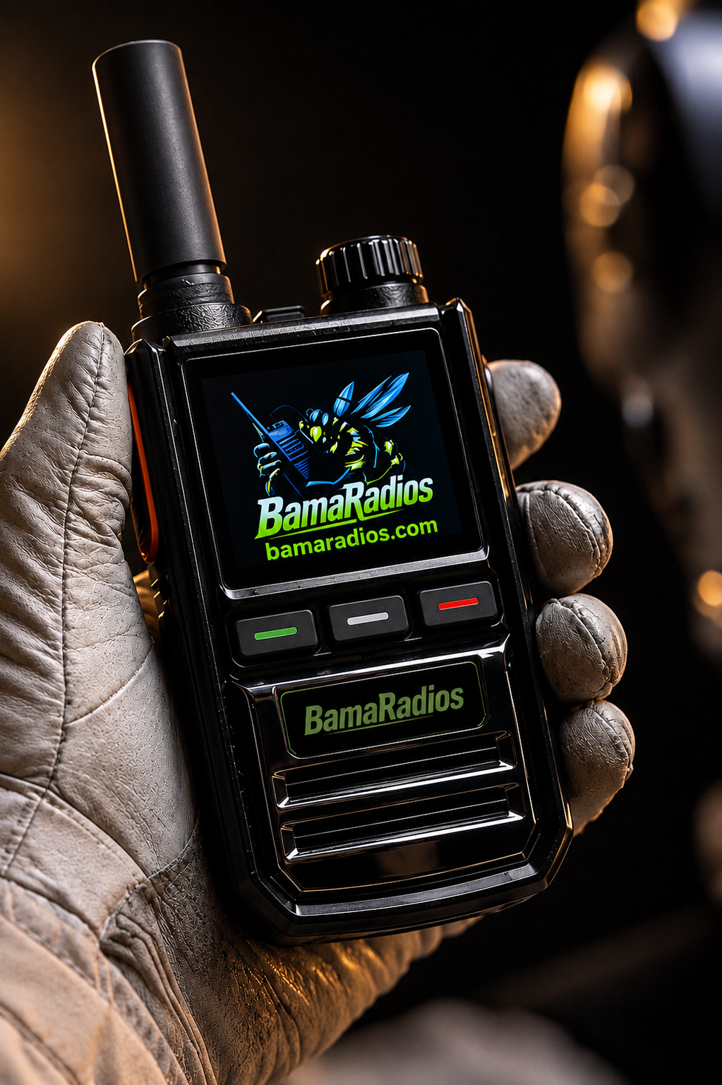 A person wearing a beige glove holding a digital radio with a display showing a logo for BamaRadios and the website bamaradios.com. The radio has a black body with a screen, buttons, and vents. The background is dark and blurry.