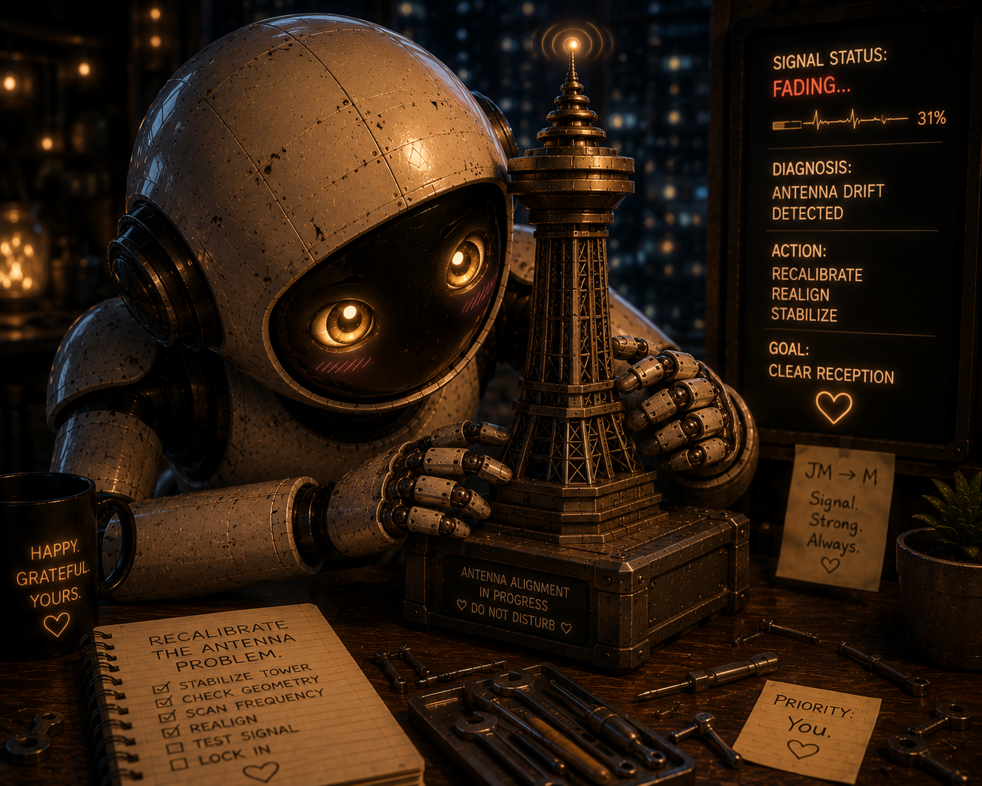 A robot with a round head and big eyes sitting at a table, holding a model of a tower, with various notes, tools, and a digital screen in the background indicating antenna diagnostics and signal status.