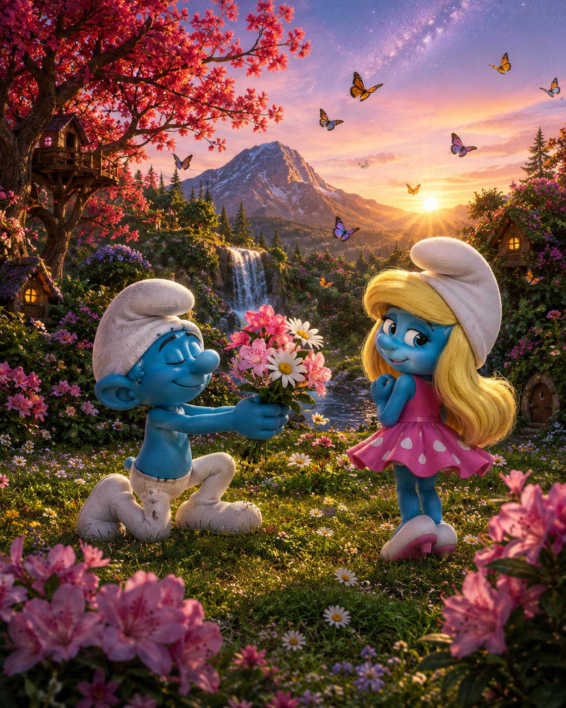 Smurf characters in a colorful garden with pink flowers, mountains, a waterfall, and a sunset in the background, with butterflies flying.