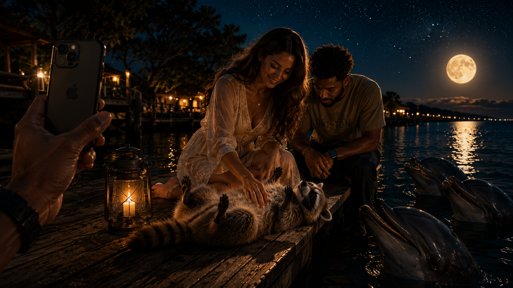 A couple sits on a dock at night, petting a raccoon, with dolphins in the water nearby and a full moon in the sky. Someone is taking a photo of them with an iPhone.