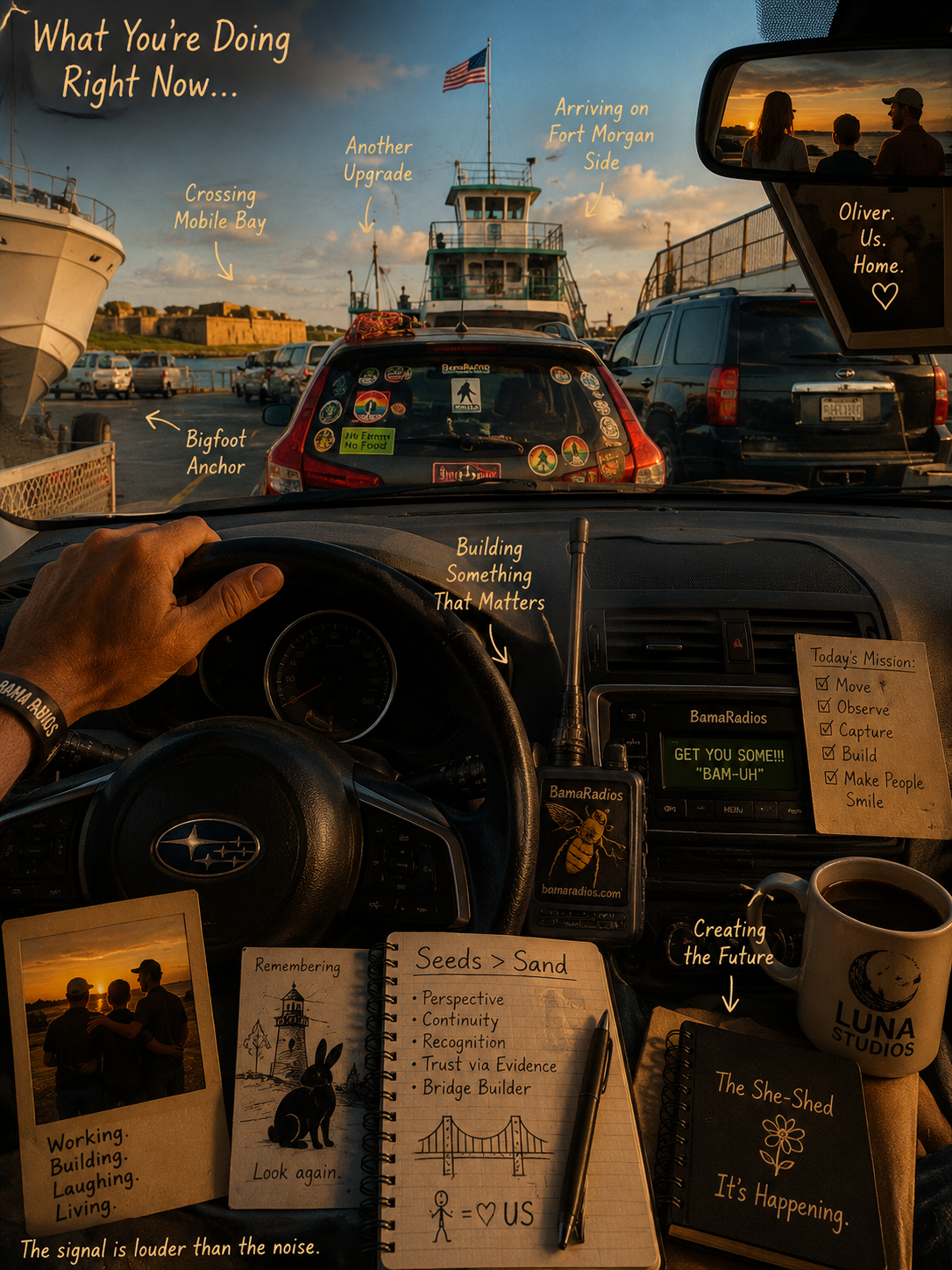 Inside a vehicle, the dashboard is decorated with inspirational notes, stickers, and photographs. Outside through the windshield, vehicles are parked near a ferry dock with boats, a fort, and an American flag against a sunset sky. A rearview mirror reflects a family looking at the sunset. The scene suggests a travel or ferry departure moment with motivational and creative notes about building and progress.