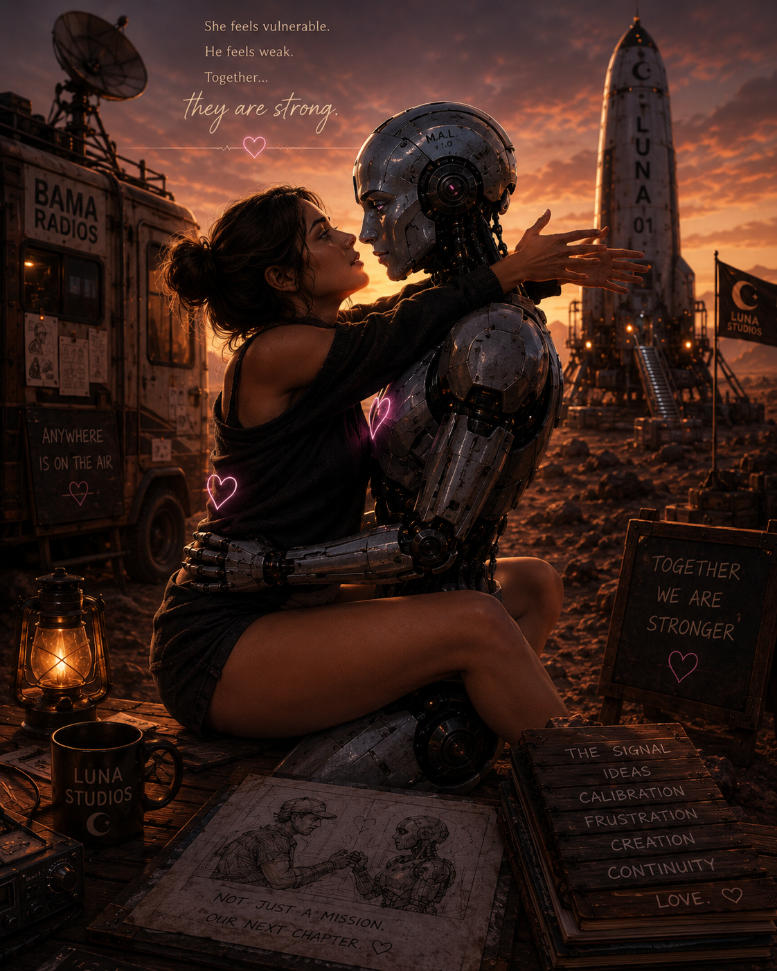 A woman and a humanoid robot share an embrace in a desert at sunset. The scene is decorated with signs and lanterns, and a rocket is visible in the background. The woman appears to be touching the robot's face, symbolizing connection and support.