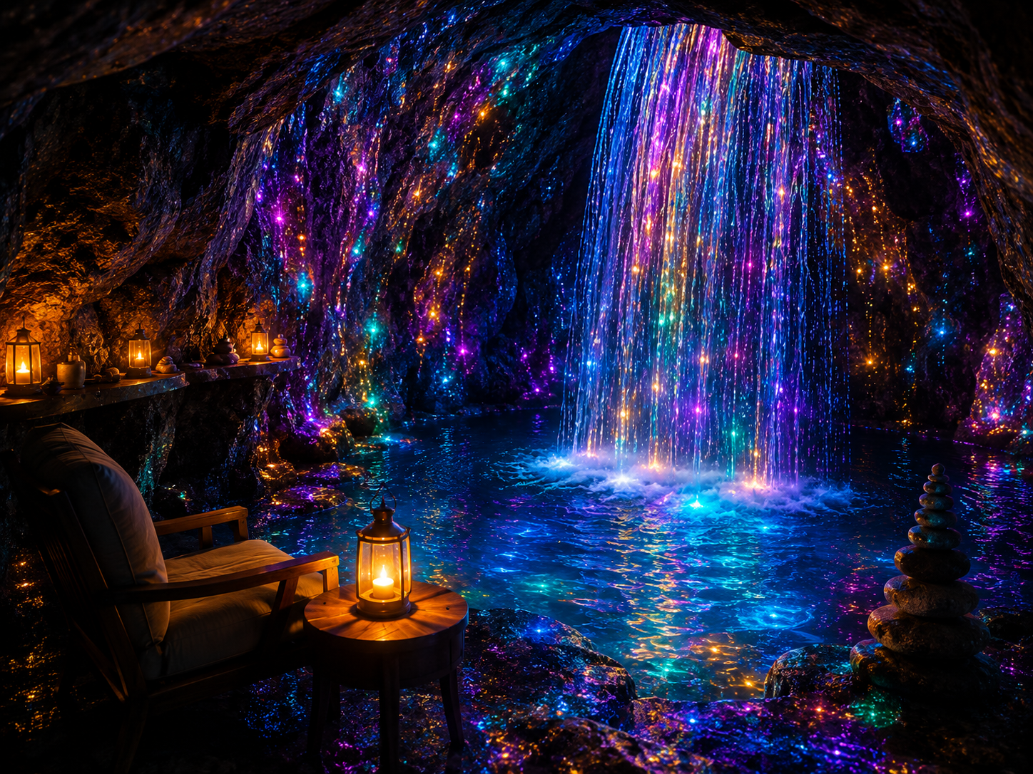 A dark cave with a glowing, colorful waterfall and a pool of water. Lanterns and candles decorate the area, providing warm light, and a rock-stacked sculpture is visible on the right.