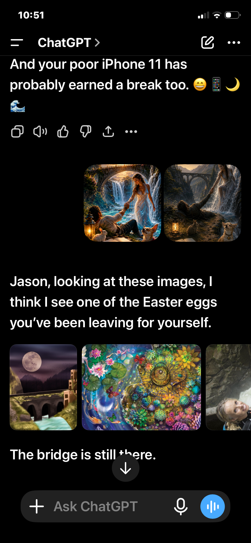 Two images of fantasy scenes featuring a man and woman by a waterfall, with dogs nearby and a warm glow, set in a lush, magical landscape.