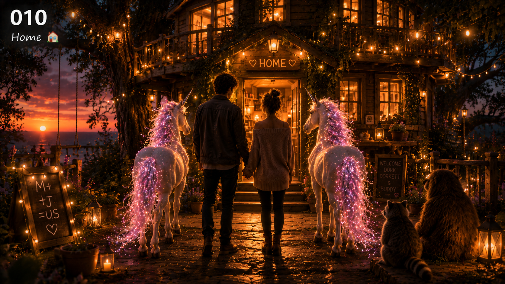 A couple holding hands stands in front of a cozy, illuminated house at sunset, flanked by two glowing unicorns with glittering manes, surrounded by dogs and lanterns, with warm string lights and a welcoming sign that says 'HOME'.