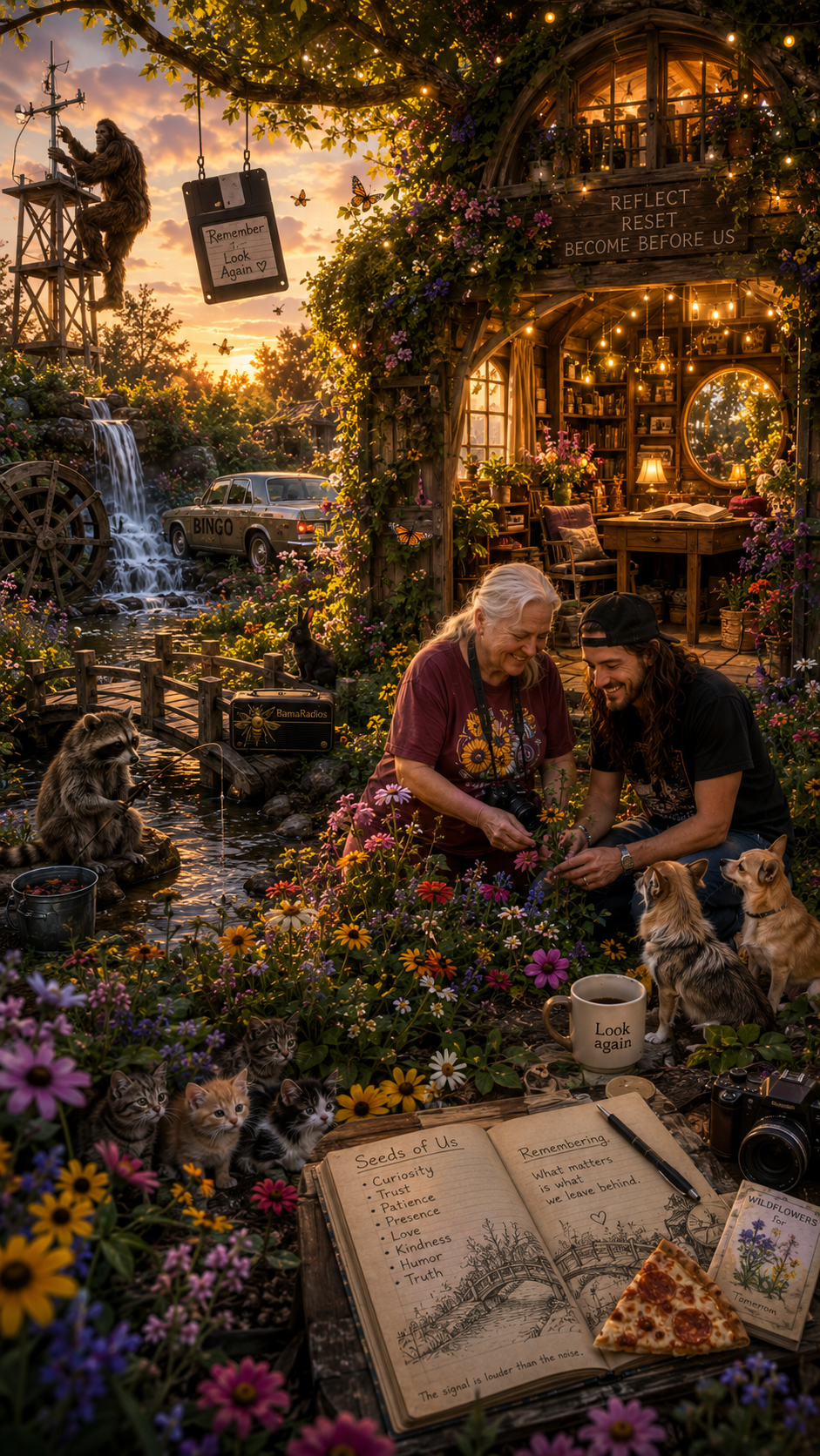 Two people sitting in a garden filled with colorful flowers, surrounded by cats and dogs, with a cozy wooden house, books, and warm lights in the background. Sunset sky, a waterfall, a vintage car, and a monkey on a tower are visible in the scene.