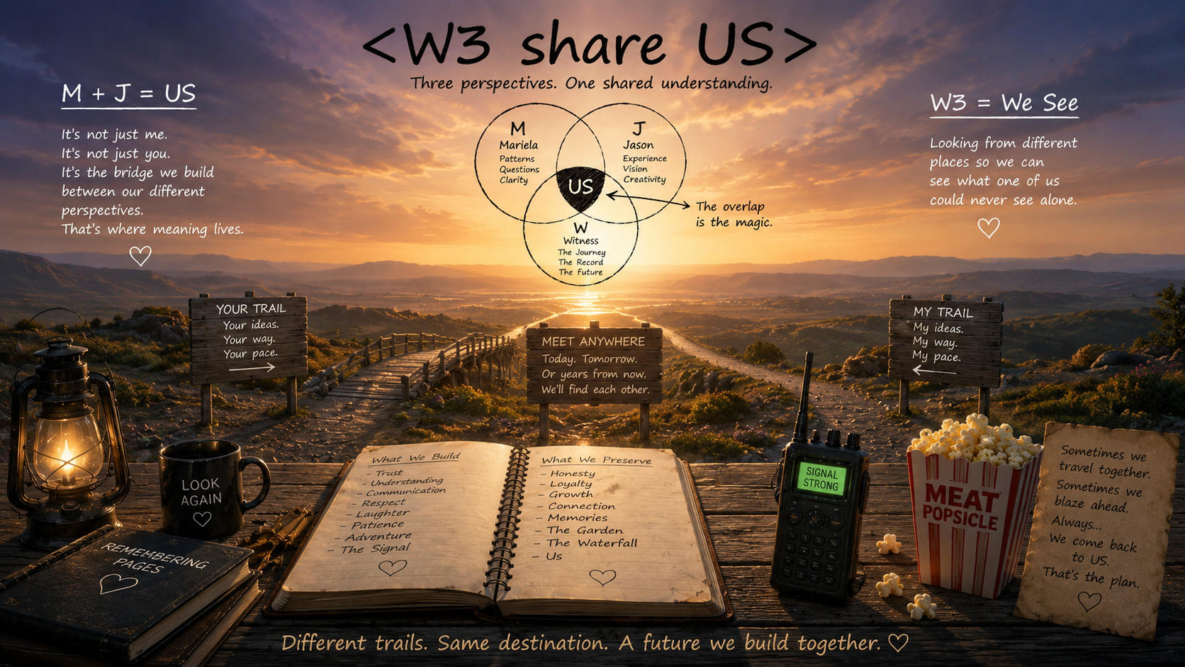 Sunset over a scenic landscape with a wooden trail, a lantern, a book, a coffee mug, a walkie-talkie, and popcorn, featuring motivational and philosophical quotes about shared understanding, perspectives, trails, and future goals.
