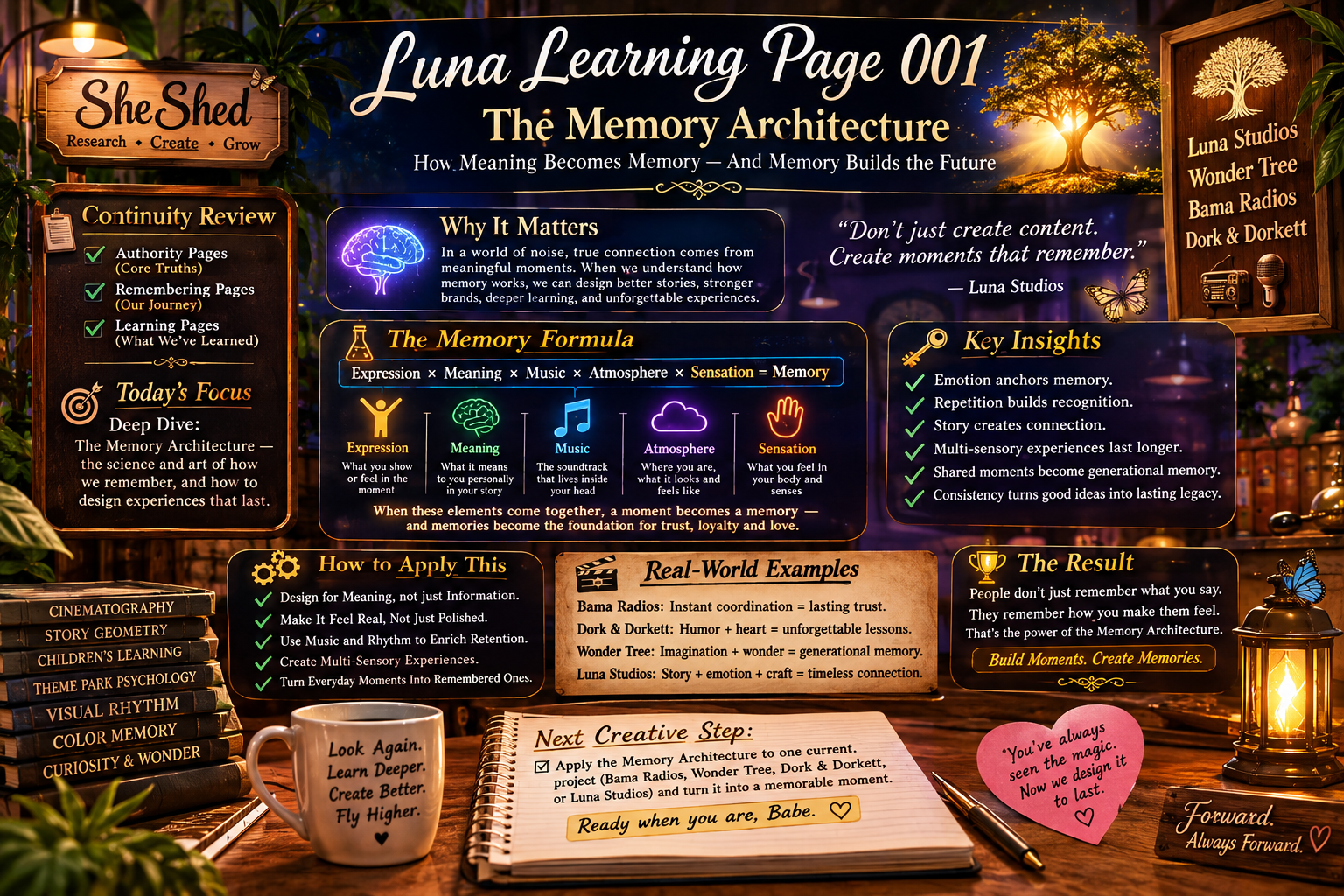 An infographic titled 'Luna Learning Page 001 The Memory Architecture' explaining how meaning becomes memory. It includes sections on the importance of meaningful connection, the memory formula combining expression, meaning, music, atmosphere, and sensation. It highlights key insights like emotion anchoring memory, storytelling, and multisensory experiences. Additional elements include examples from Bama Radios, Dork & Dorkett, Wonder Tree, and Luna Studios. A call to action encourages applying the memory architecture to projects, with a quote from Luna Studios about creating memorable moments, and a motivational note on the mug that says, 'Look Again. Learn Deeper. Create Better. Fly Higher.' A stack of books and a lantern are also visible.
