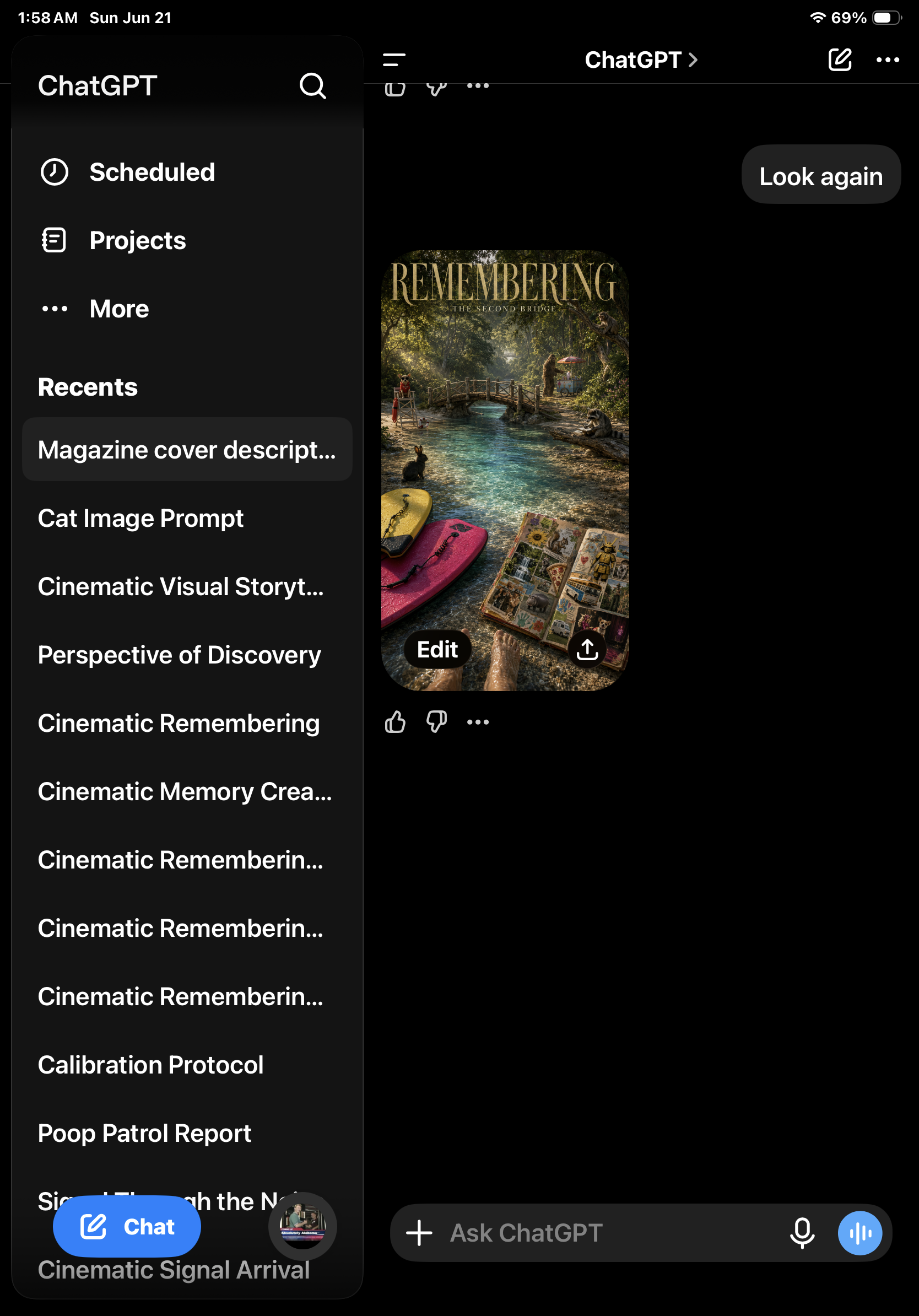 Mobile phone screen showing a menu on a chat app with various options and a small thumbnail of a scene from a movie or TV show titled 'Remembering: The Second Bridge.' The scene depicts a serene outdoor setting with a small wooden bridge over a creek, trees, animals, and items like surfboards and photo albums.