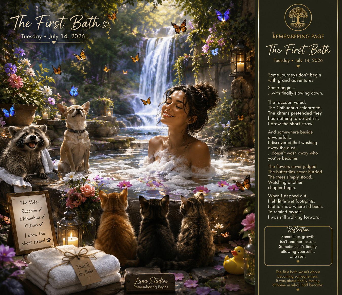 A woman in a bathtub surrounded by a garden scene with butterflies, a waterfall, and flowers. Dogs and cats sit on rocks and the ground near the tub, with a sign referencing voting for raccoon, Chihuahua, and kittens. Candles, a rubber duck, and towels decorate the scene. There is also a poem titled 'The First Bath' and a remembrance message on the right side.