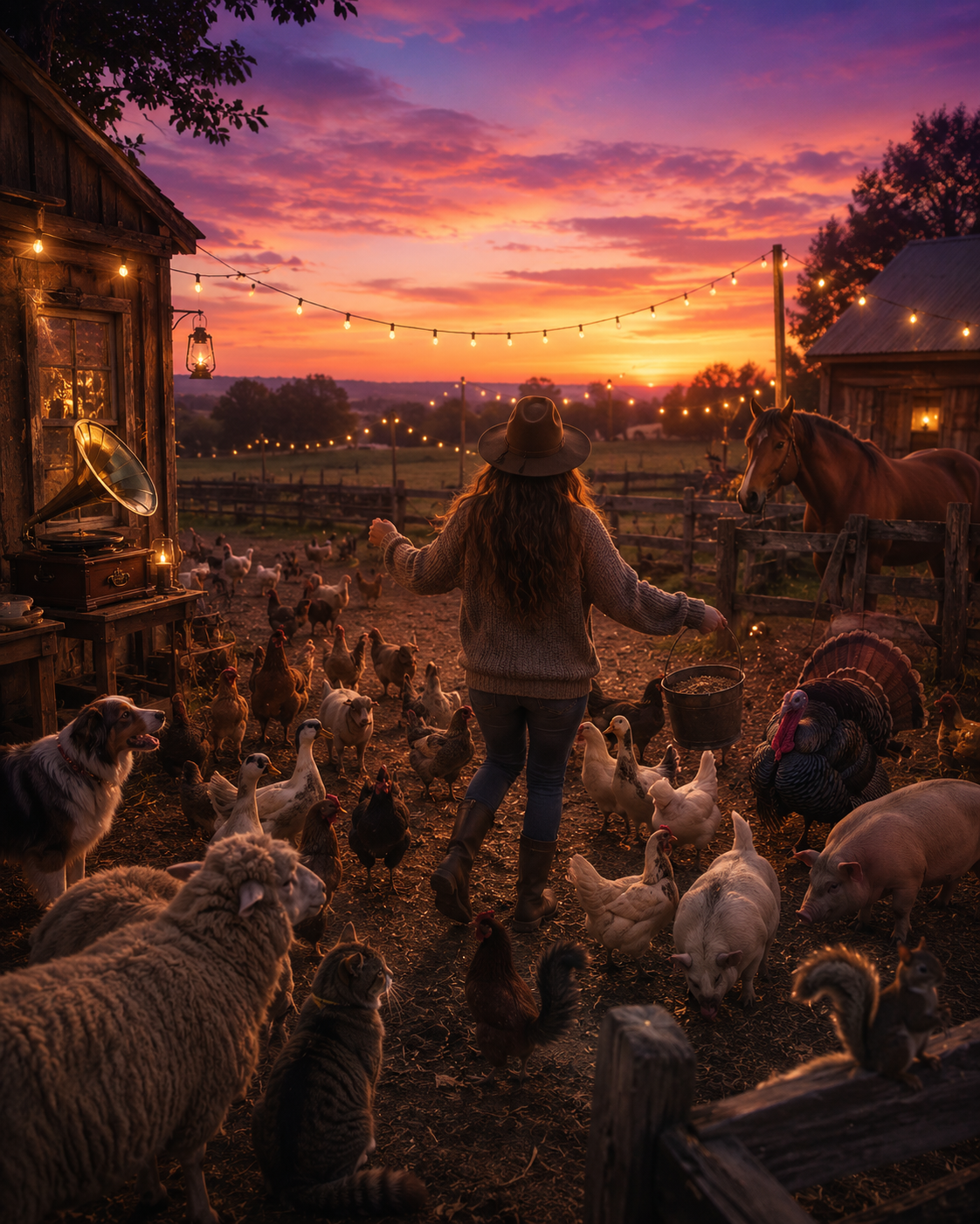 A woman with long hair wearing a wide-brimmed hat, sweater, jeans, and boots, feeding various farm animals such as chickens, pigs, ducks, sheep, and a dog on a farm during a vibrant sunset with pink, purple, and orange skies, string lights hanging, and a rustic barn.