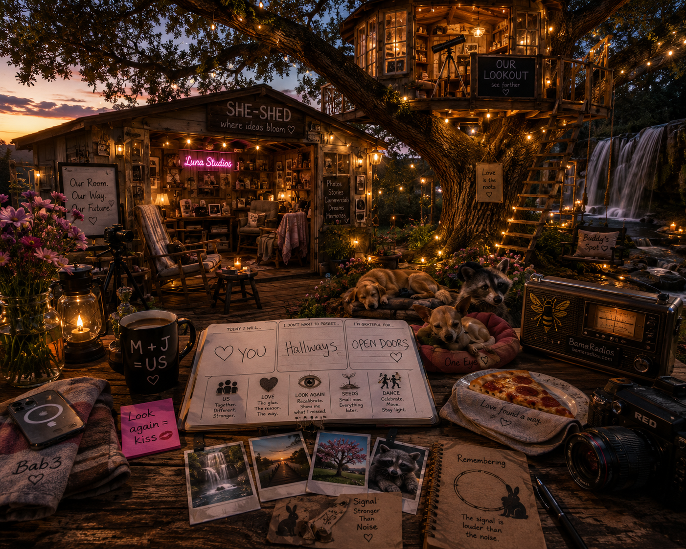 A cozy outdoor scene at sunset with a small wooden shed labeled 'SHE-SHED' and a treehouse above it. The area is decorated with string lights, candles, and flowers. A table in the foreground has photographs, notebooks, a camera, a cup, a radio, and a pizza. Several dogs are resting on the ground. Signs and chalkboards with messages are visible. The setting appears warm, inviting, and creative, blending nature with personal touches.