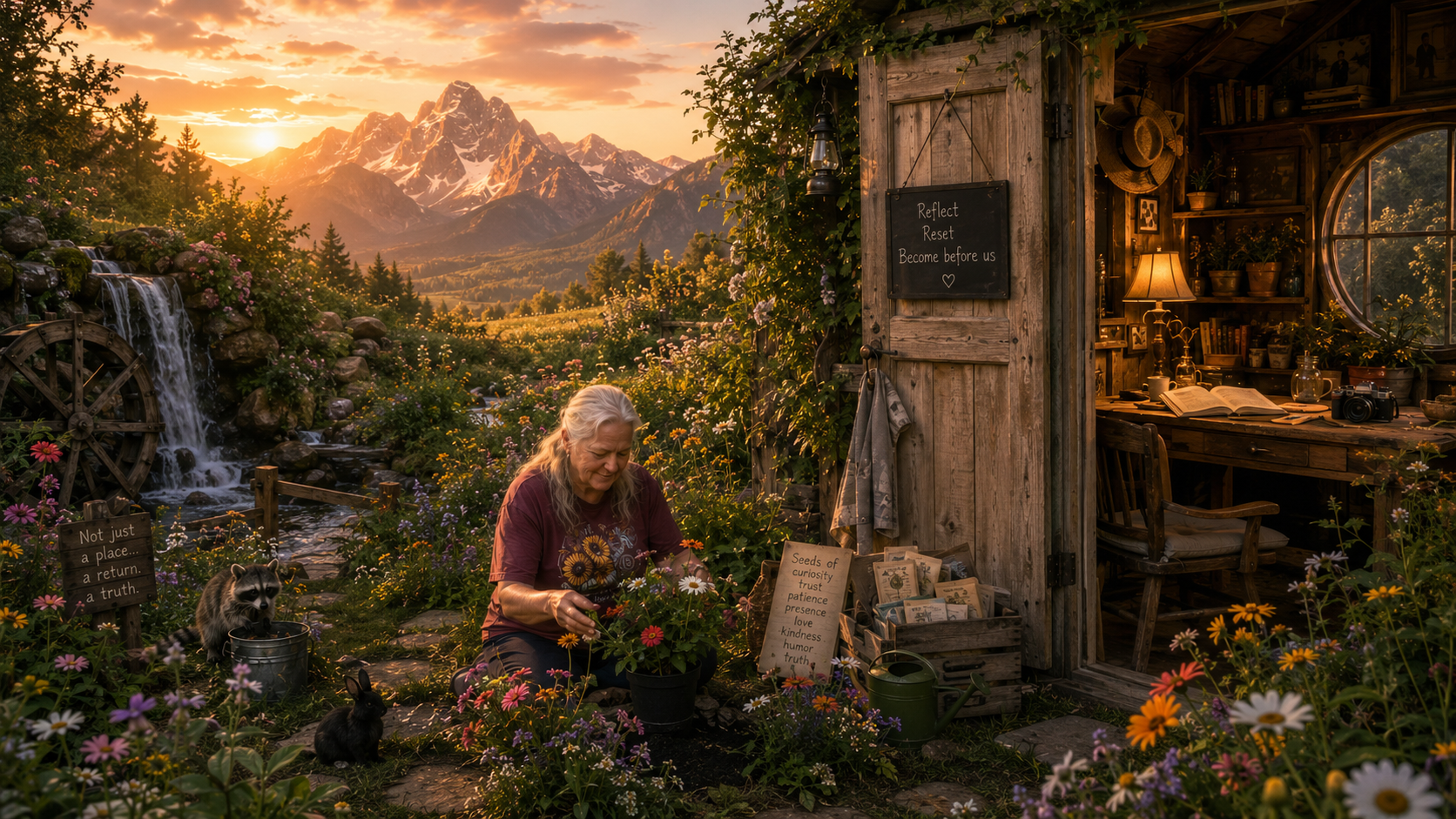 An elderly woman with gray hair potting flowers in a garden filled with colorful blooms, a raccoon and a rabbit nearby, with a mountain range and sunset in the background. There is a rustic wooden shed with an interior visible through an open door, decorated with lamps, books, plants, and a camera.