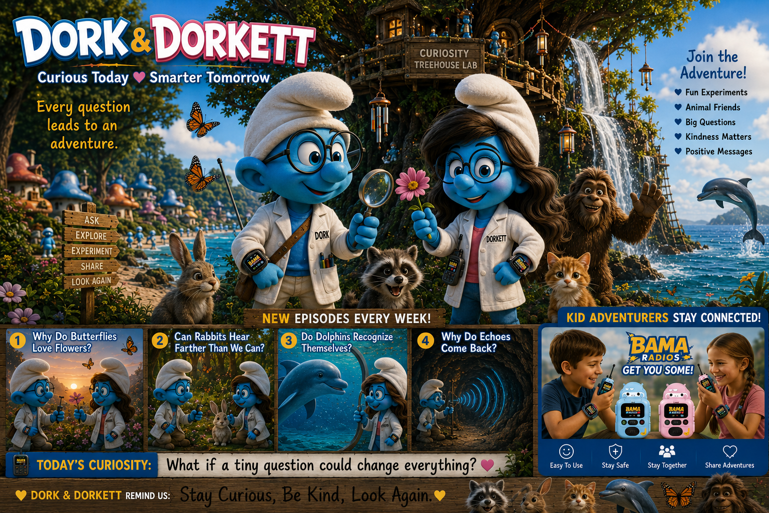 Colorful promotional image for the children's show "Dork & Dorkett" featuring two blue cartoon characters dressed as scientists in white lab coats, surrounded by various animals including a rabbit, raccoon, cat, and lions, in front of a treehouse lab with waterfalls. The top title says "Dork & Dorkett" and the side lists adventures and topics like experiments, animal friends, and big questions. Bottom sections highlight episodes on butterflies, rabbits, dolphins, and echoes, and promote kid-friendly radios. The theme emphasizes curiosity, exploration, and discovery.