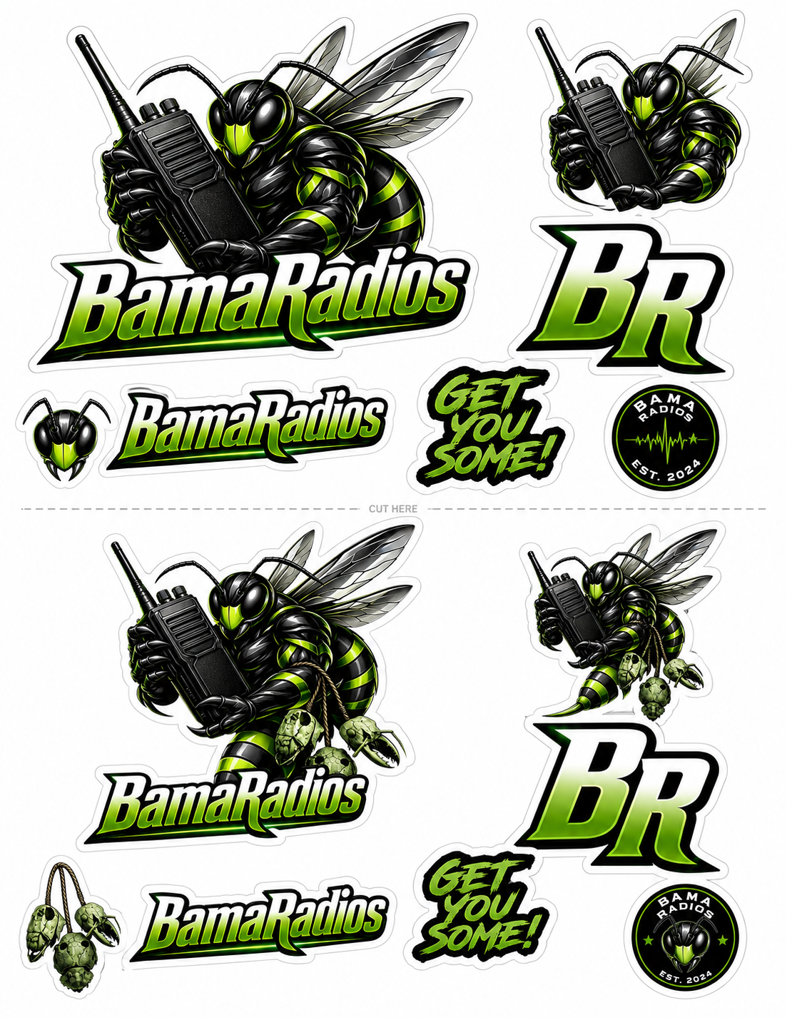 Set of stickers featuring a robotic bee holding a walkie-talkie, with green and black color scheme, text reading 'BamaRadios' and 'Get You Some!', and a circular logo with 'Bama Radios' and 'EST. 2024'.