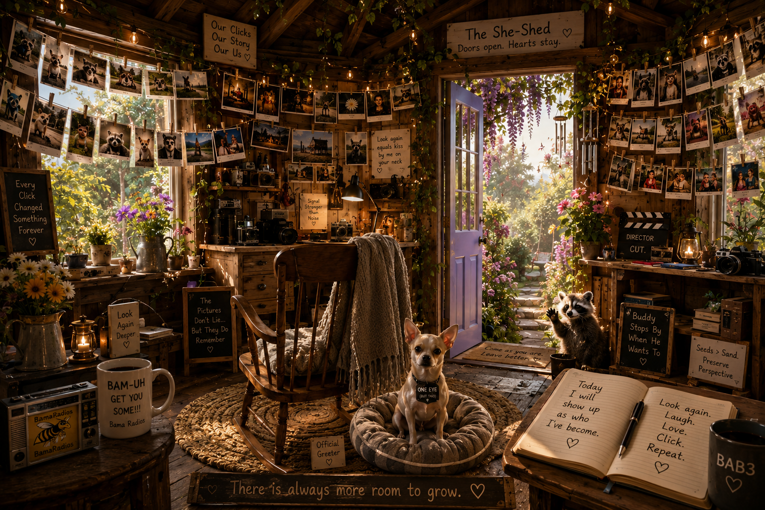 Cozy wooden photography studio decorated with string lights, framed photos of dogs hanging from a line, potted flowers, signs with quotes, vintage cameras, and two dogs—one sitting in a pet bed and the other standing on the floor—near an open door leading to a garden with purple flowers.