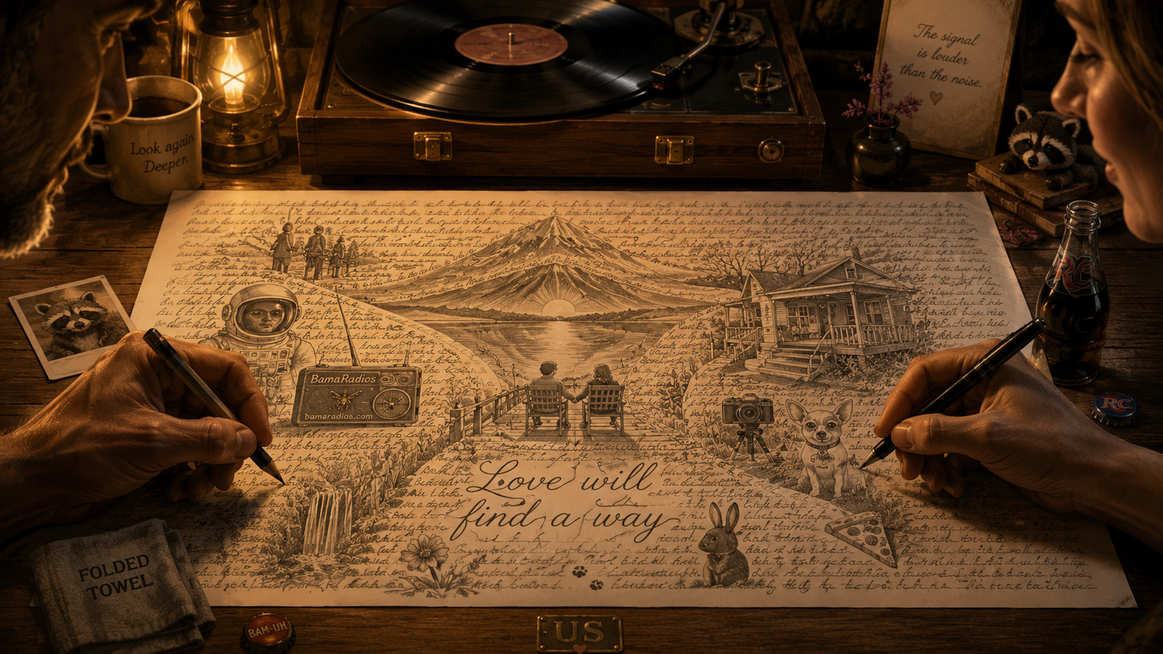 A detailed illustrated map of a lake with a mountain in the background, featuring two people sitting on a bench by the water, surrounded by various drawings of animals, a house, a camera, a UFO, a dog, and other elements, with handwritten text and the phrase "Love will find a way".