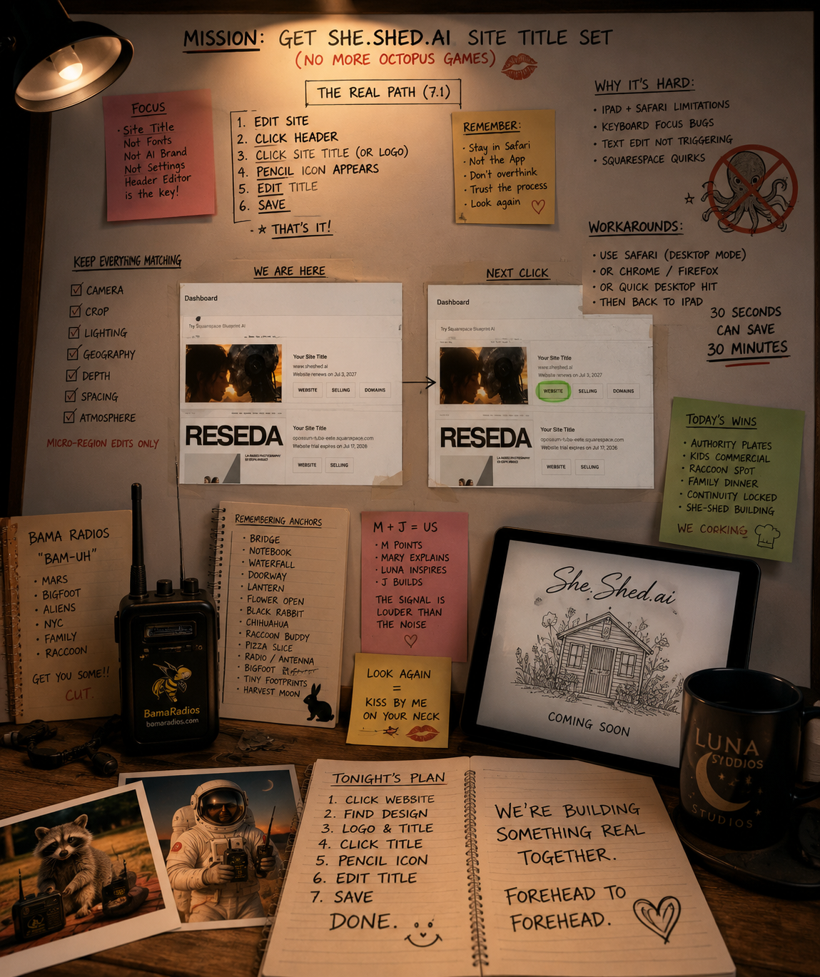 A bulletin board displaying notes and plans for a website project, with a small tablet showing a building sketch and a coffee mug on a desk. Other items include photographs, a walkie-talkie, and handwritten notes.