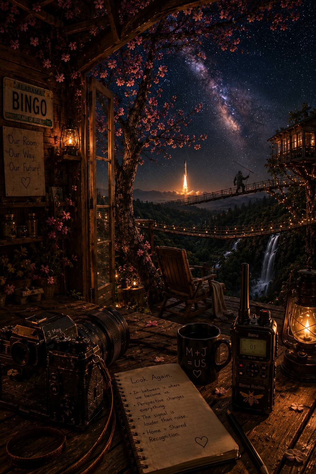A cozy outdoor cabin scene at night illuminated by lanterns, with a view of a starry night sky and the Milky Way. A person is walking on a suspension bridge, with a rocket launching in the background. Inside the cabin, a camera, notebook, mug, radio, and flowers are on a wooden table, with notes about perspective and recognition.