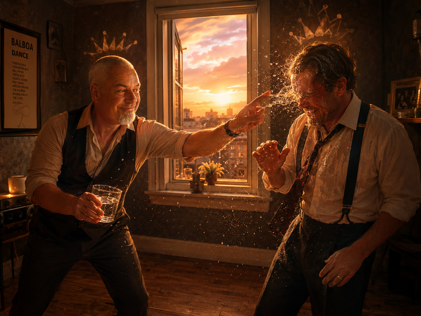 Two middle-aged men having a playful water fight in a warmly lit room during sunset, with buildings outside the window. One man is holding a glass of water and splashing the other who is laughing, both dressed in casual business attire.