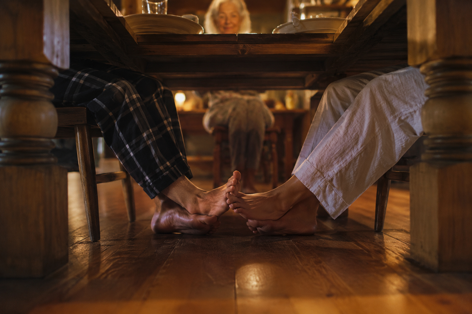 Two people sitting across from each other at a wooden dining table, touching their toes underneath the table, with a smiling woman visible in the background.