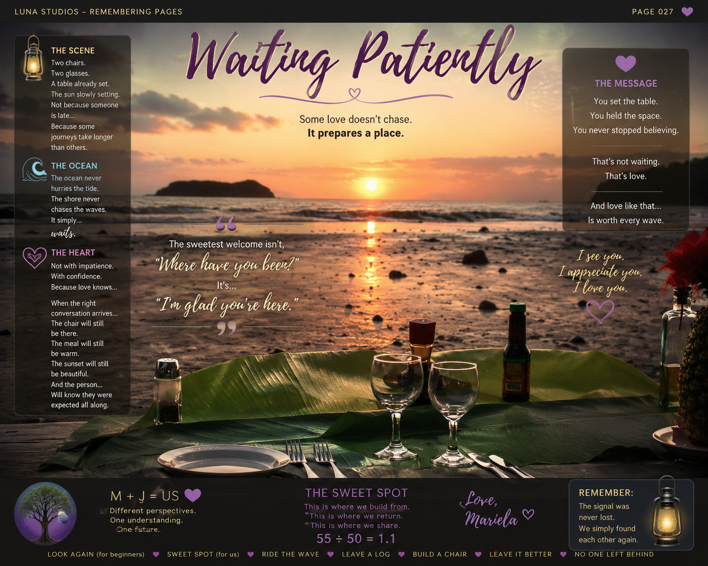 A sunset at the beach with a table set with three glasses, a plate, and bottles on a large green leaf. There are two chairs and two glasses on the table. The image has overlayed text with quotes and messages about love, patience, and appreciation, along with decorative elements like hearts, a lighthouse icon, and a purple tree logo.