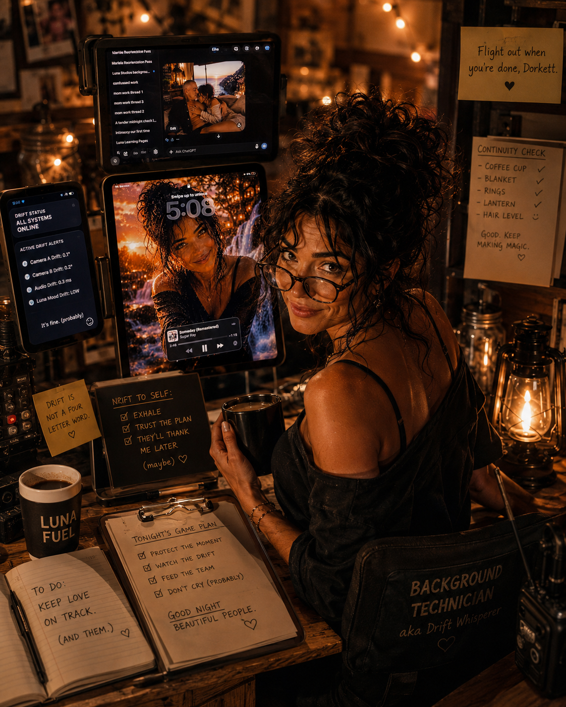 A woman with curly hair and glasses sitting at a cluttered desk in a dimly lit room, surrounded by multiple screens, notes, and a lantern, holding a coffee mug.