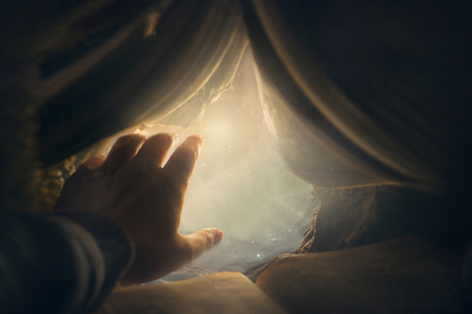 A hand reaches into a narrow opening in a rock formation, with sunlight illuminating the opening and creating a glowing effect.