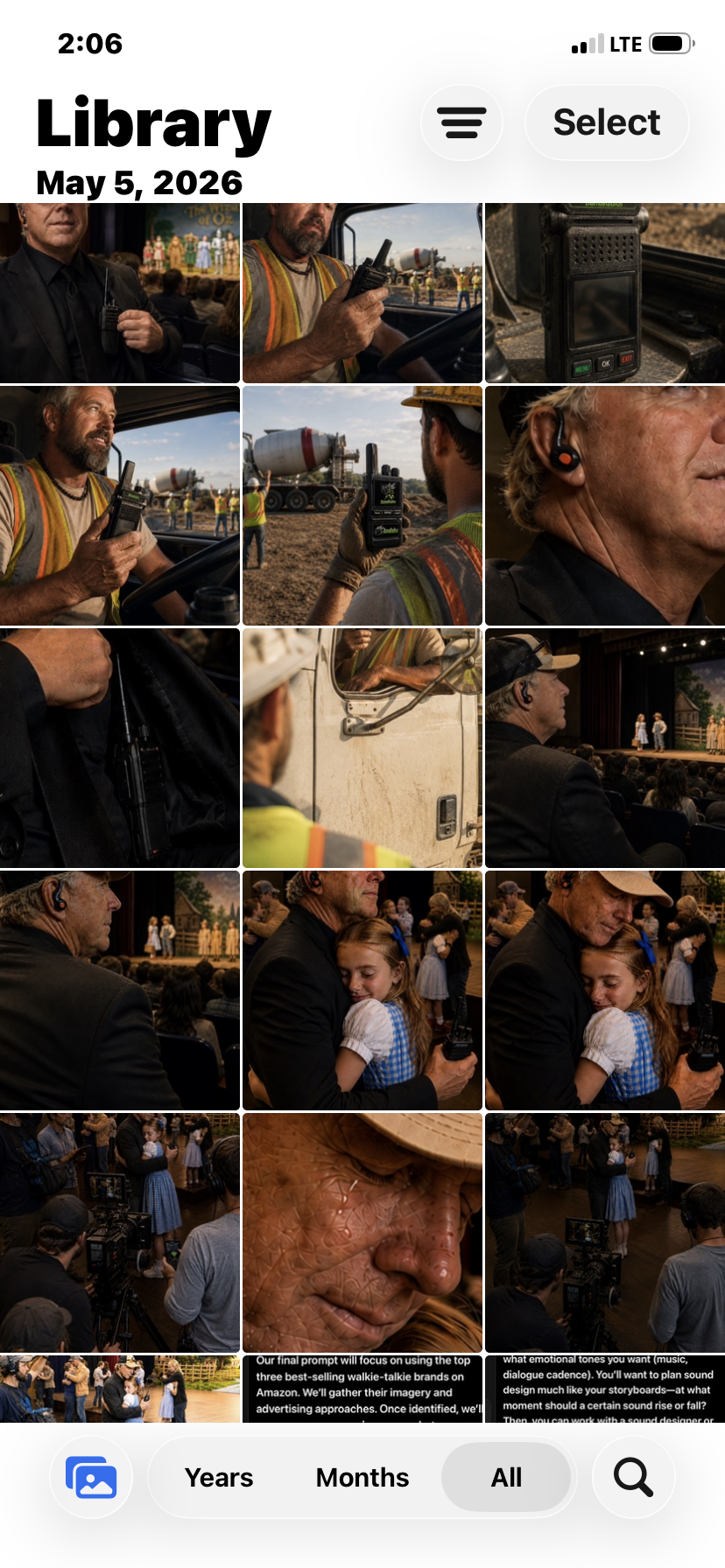 Scenes from a theatrical play production, crew members using walkie-talkies and headsets, a man with a beard and a girl in a costume hugging backstage, cameras recording, and the audience watching the performance.