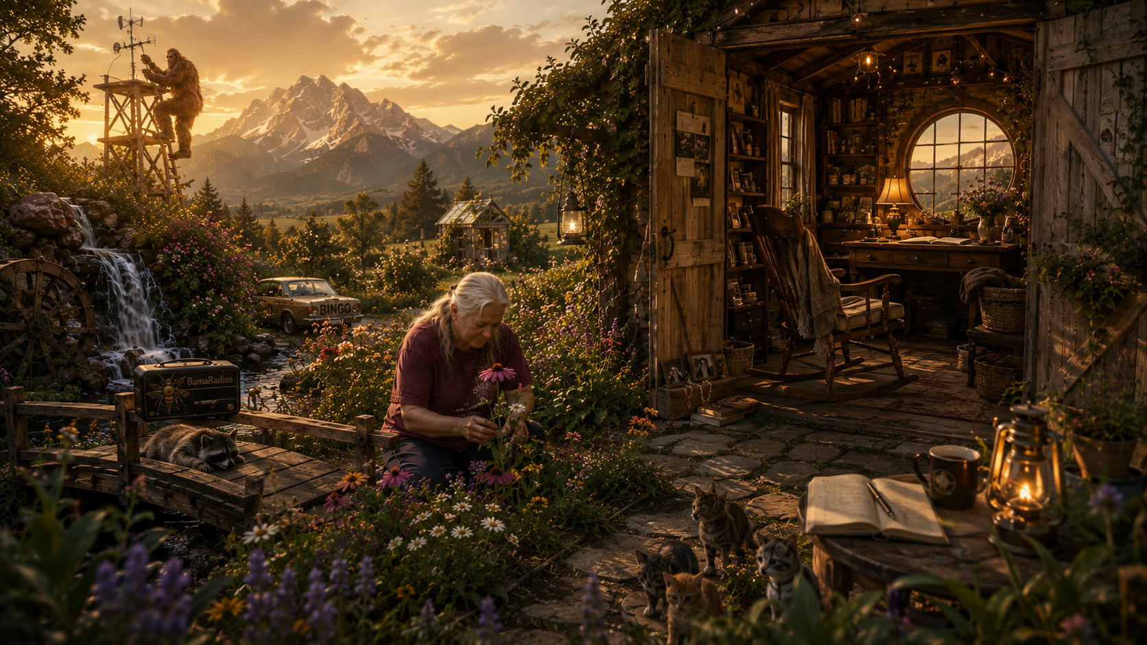 An elderly woman gardening outside a rustic cabin at sunset, surrounded by flowers and cats. The cabin interior is cozy, with bookshelves, a rocking chair, and warm lighting. Background features mountains, trees, a waterfall, a car, and a person in a furry costume on a tower.