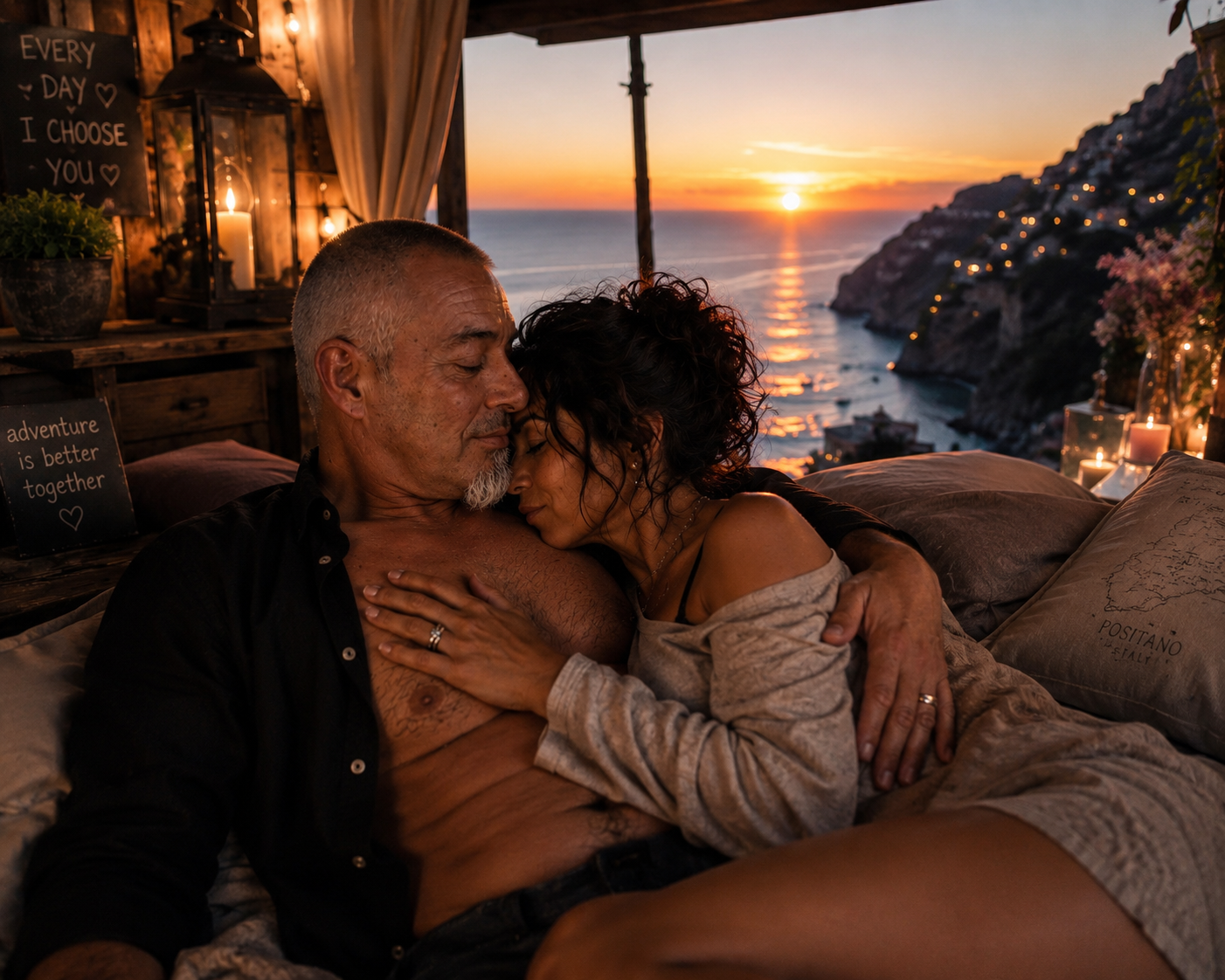 A couple cuddling on a bed during sunset with ocean view and coastal landscape in the background.