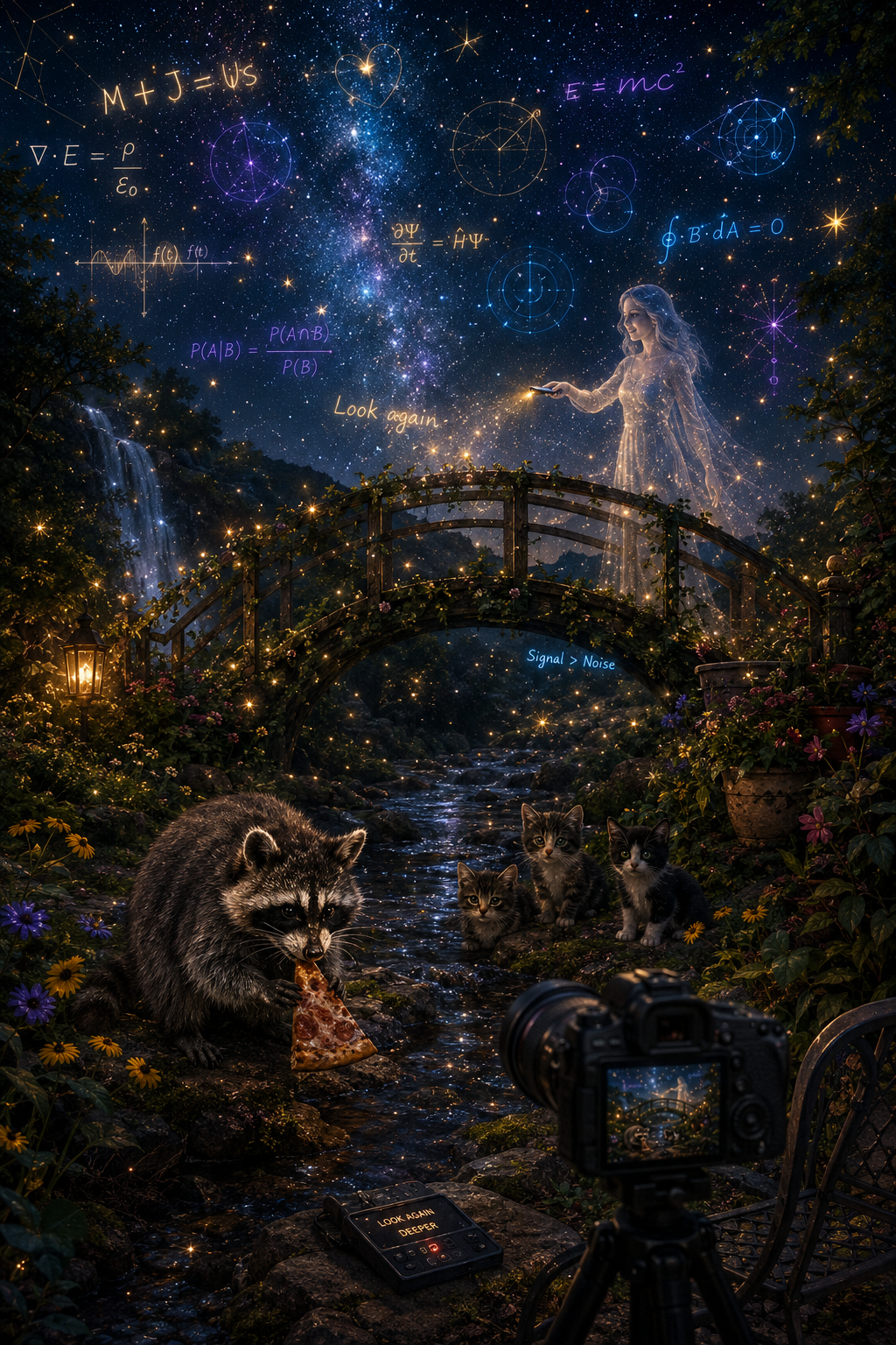 A fantasy scene with a starry sky, scientific symbols and equations, a woman in a glowing dress, a raccoon eating pizza, four kittens, a bridge over a stream, and a camera in the foreground, illuminated by warm lights.
