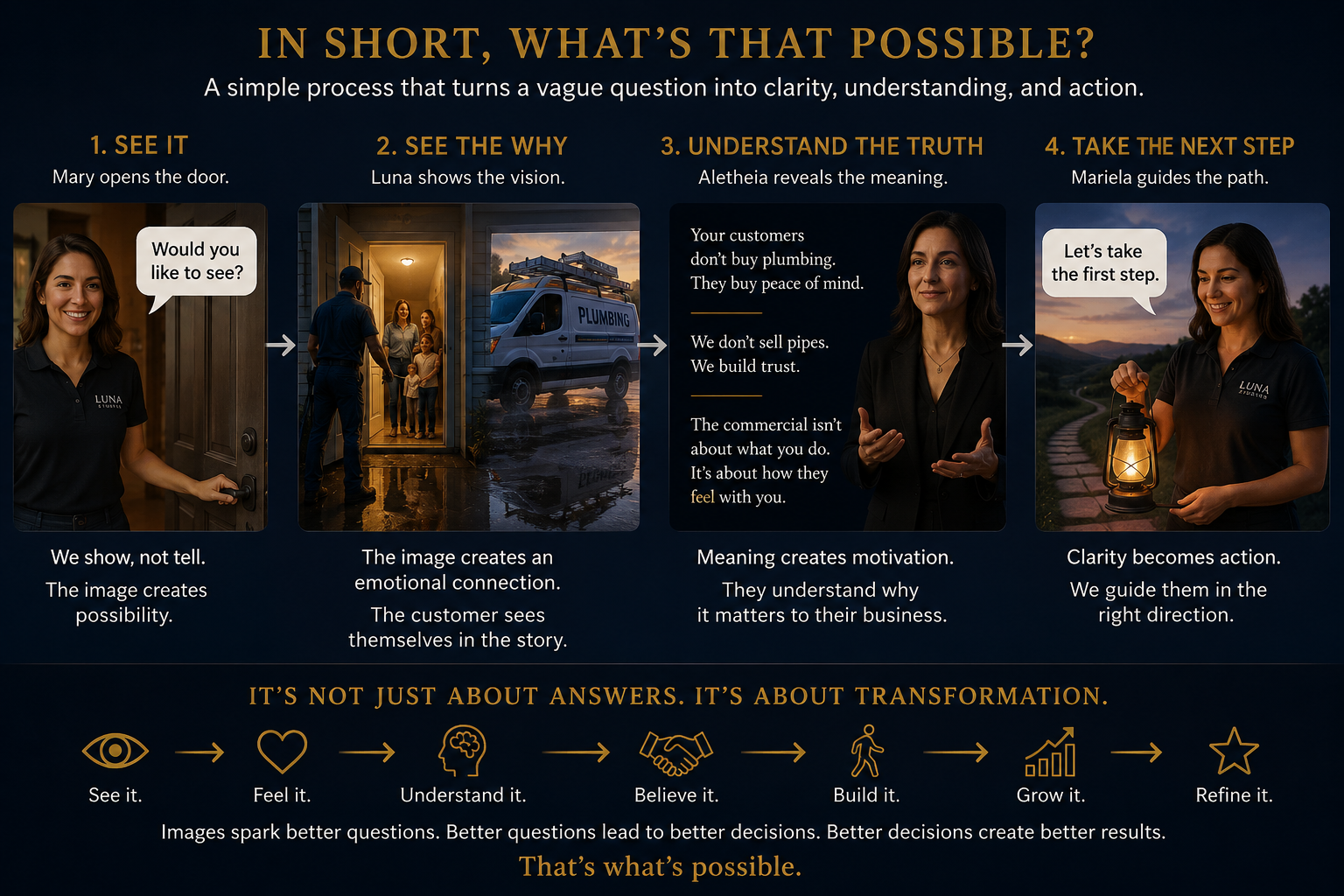 A step-by-step guide titled "In Short, What’s That Possible?" explaining a process of transforming vague questions into clear actions. It includes four main steps with accompanying images: 1. See It - Mary opening a door; 2. See the Why - a plumber's van outside a house; 3. Understand the Truth - a woman speaking; 4. Take the Next Step - a woman holding a lantern. Each step describes actions like showing, seeing, understanding, and guiding, emphasizing emotional connection, trust, and clarity. Additional text encourages belief, building, growth, and refinement, with icons illustrating a progression from observation to results.