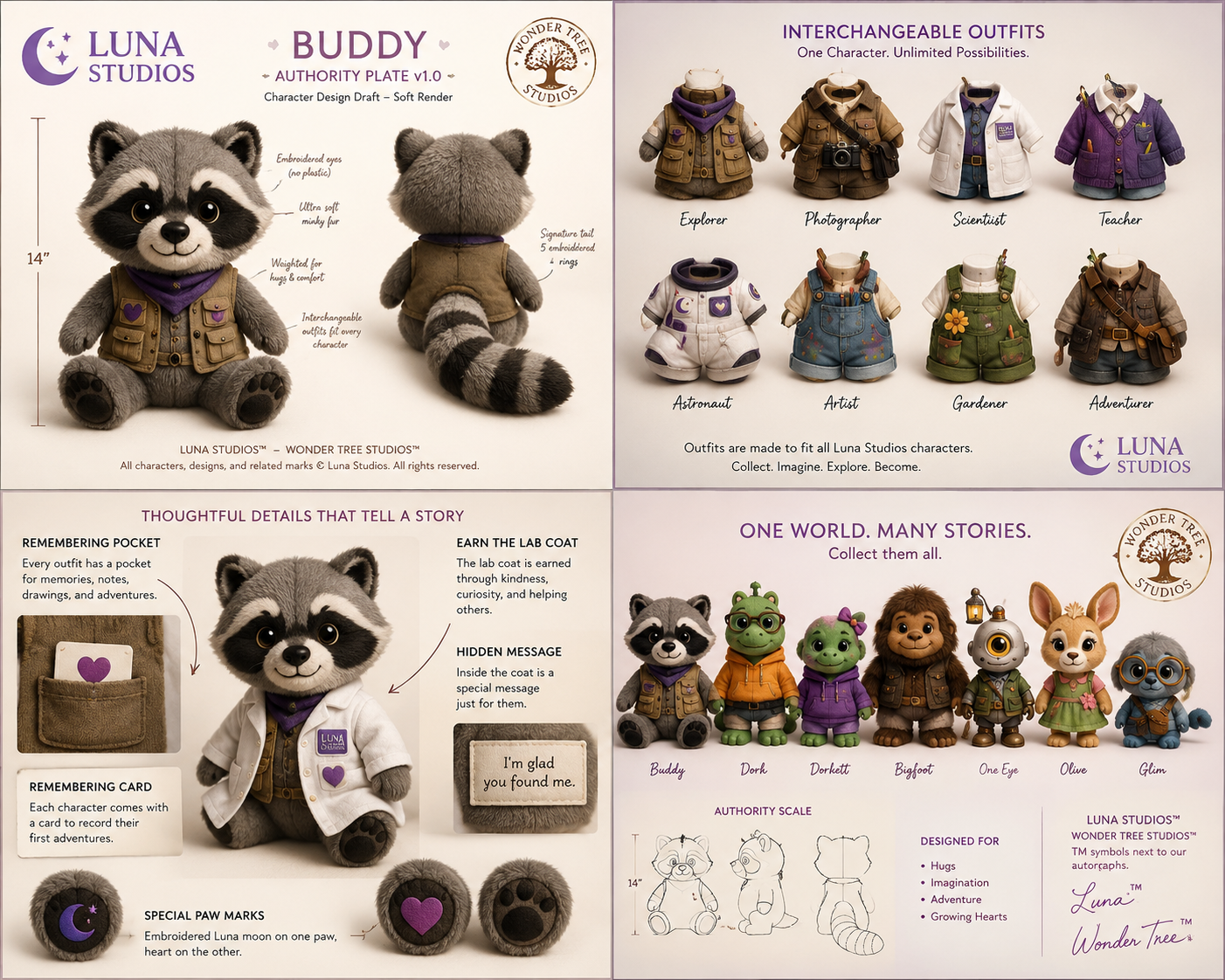 Poster showcasing Luna Studios' Buddy character and interchangeable outfit options. Features a plush raccoon doll with a brown vest, purple bandana, and embroidered moon and heart details. Displays various character outfits for different professions, detailed descriptions of the character's thoughtful design, and a group of other stylized animal characters representing diverse stories.