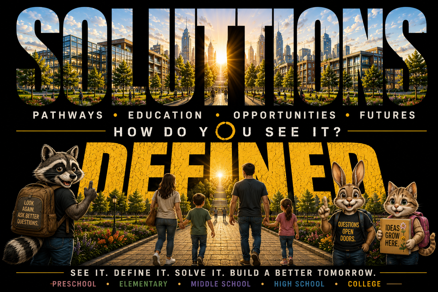 Cityscape with tall buildings and a park at sunset, featuring the word 'SCHOOL'S' with positive words like pathways, education, opportunities, futures overlaid. The word 'DEFINED' in large yellow text with children and animals, including a raccoon and cats, walking along a path toward a bright light at the end of a staircase, symbolizing growth and learning stages from preschool to college.