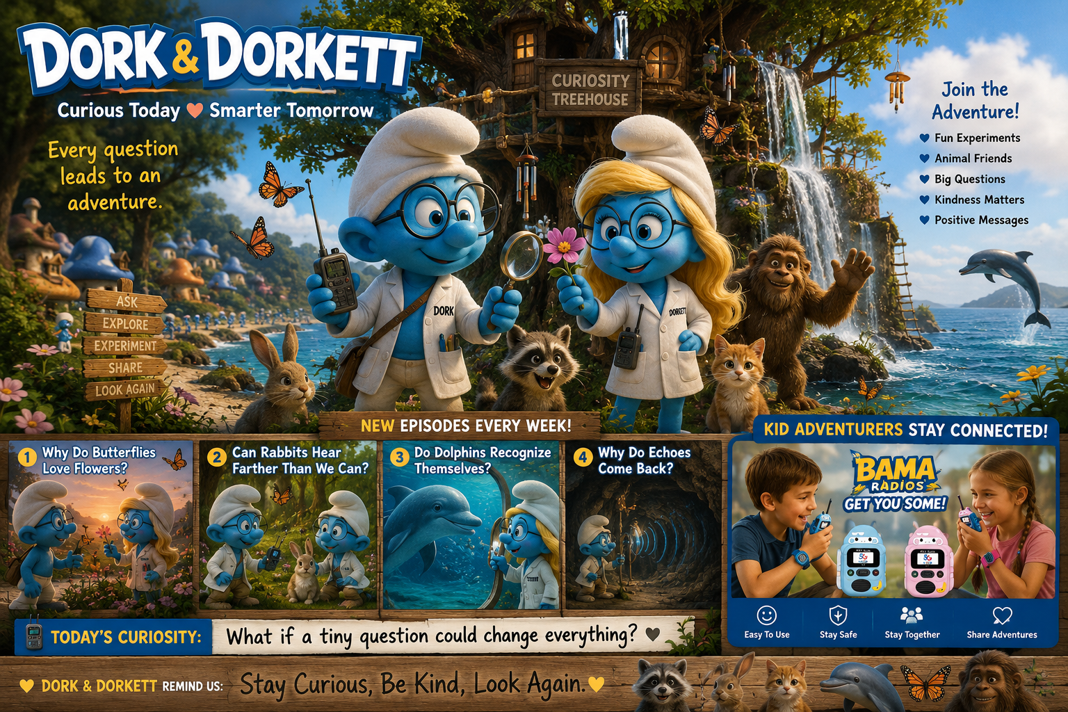 Cover of the Dork and Dorkett children's educational show, featuring two blue Smurfs-like characters in explorer outfits, surrounded by animals, with a colorful forest background, including a curiosity treehouse and waterfalls. Child characters and toy radios are displayed, promoting playful curiosity, exploration, and educational content.