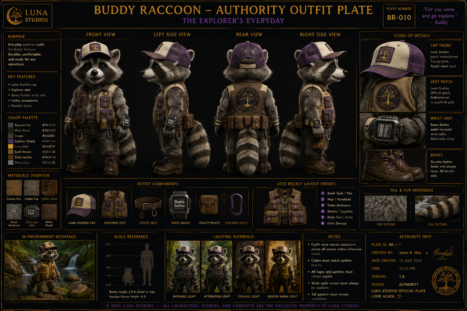 A detailed character design sheet of Buddy Raccoon in explorer attire, shown from front, left side, rear, and right side views. The sheet includes close-up details of his cap, vest patch, wrist unit, and boots, as well as materials overview, outfit components, environment reference, scale, lighting, and fur textures. It features annotations for each detail and an environmental scene with Buddy in nature.