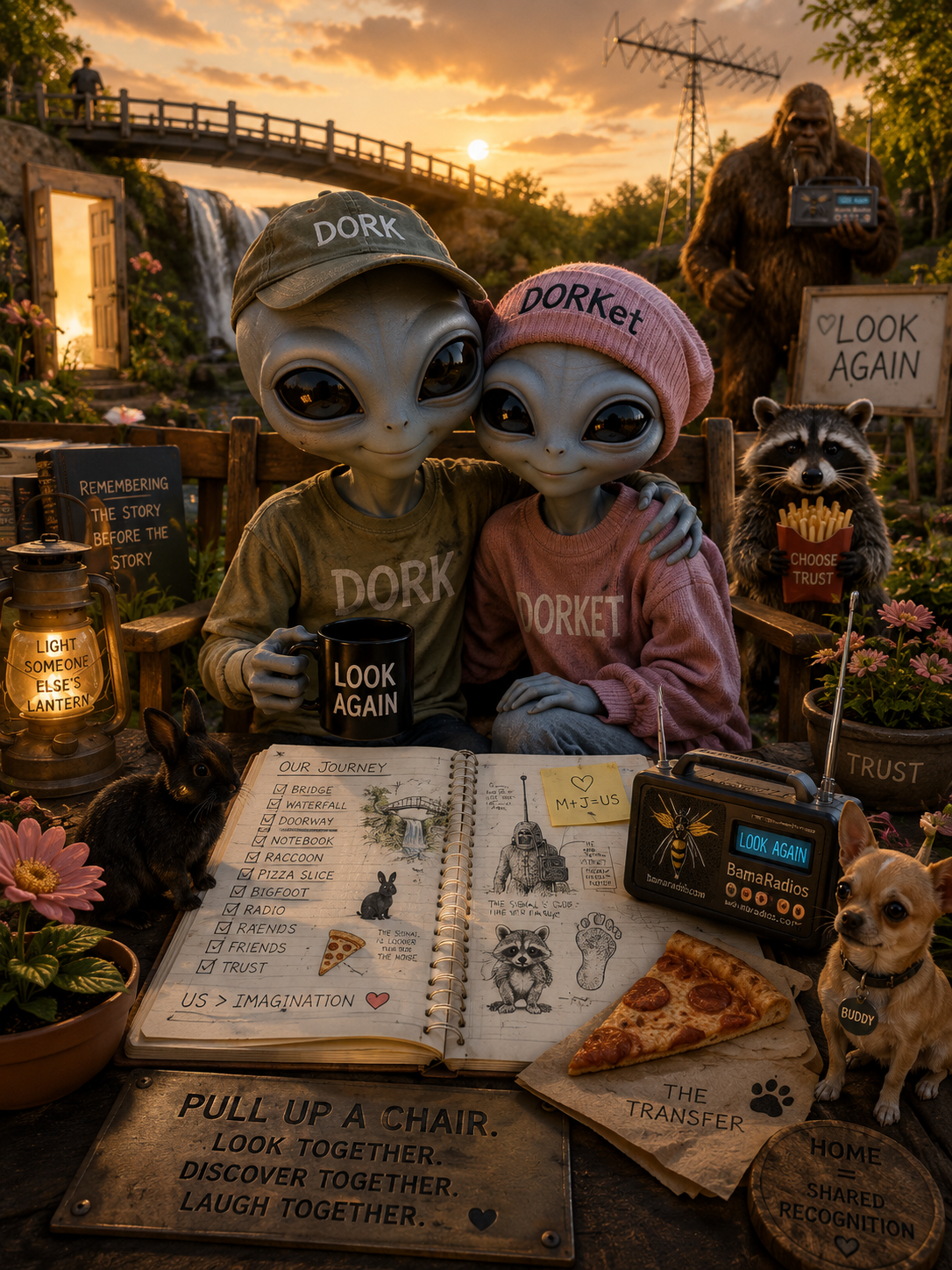 Two aliens wearing matching shirts and hats, one holding a mug, sitting outdoors at sunset with a waterfall, bridge, and a tall antenna in the background. They are surrounded by flowers, a raccoon, a dog, a rabbit, and a fox, with various signs, a radio, an open notebook, a slice of pizza, and decorative items on the table.