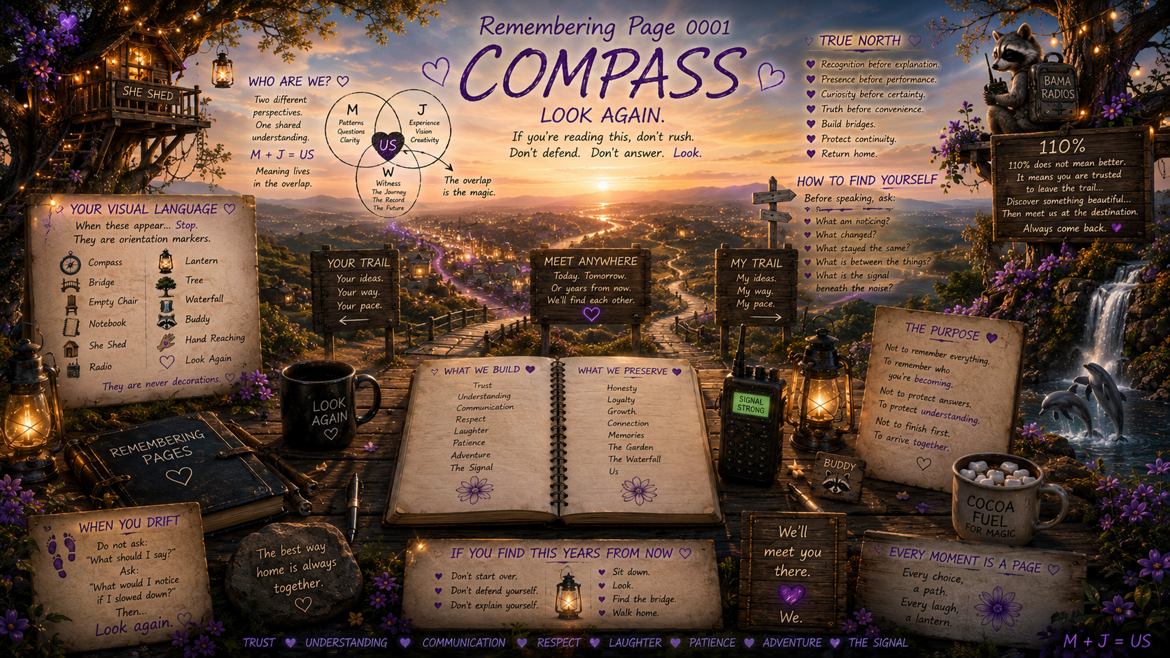 A whimsical outdoor scene at sunset featuring a wooden trail leading over a city landscape, decorated with lanterns, flowers, and various signs with inspirational messages. There is a raccoon holding a radio, dolphins jumping in a pond, and small objects like books, a mug, and a walkie-talkie on a log.