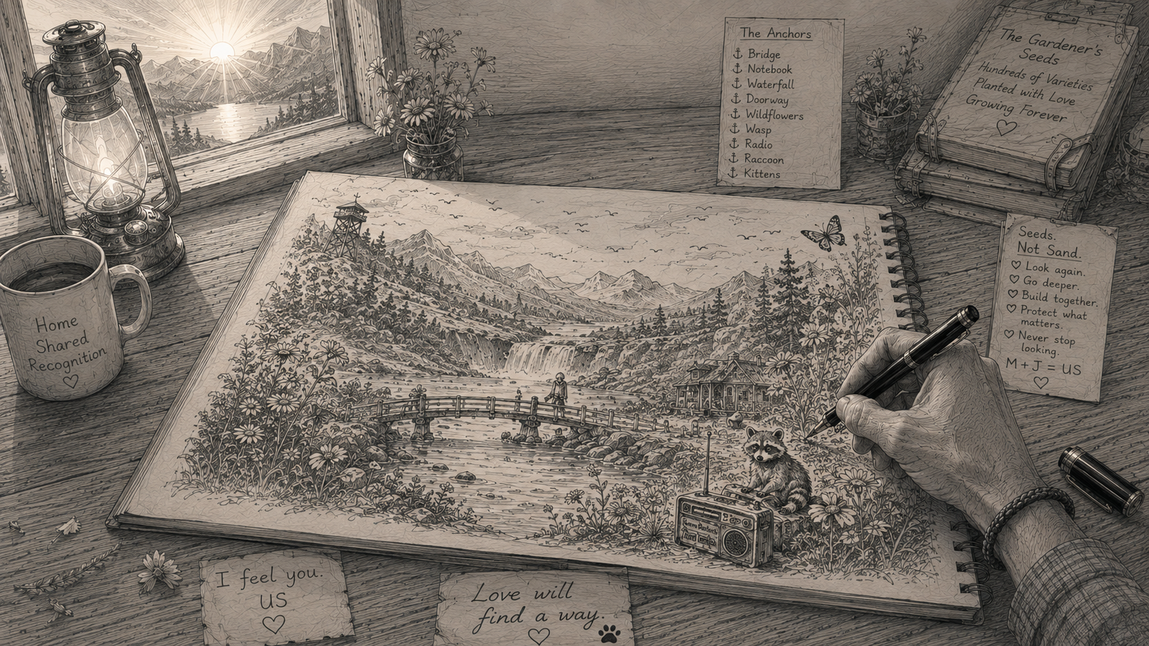 A detailed drawing of an artist's workspace featuring a large sketchbook with a landscape scene of mountains, waterfalls, a bridge, trees, a person, and a raccoon using a radio, set on a wooden desk. Nearby, there are notes and lists about gardening and nature, a cup of coffee, a lantern, small flower pots, and handwritten notes with motivational messages. The desk is near a window showing a sunset over mountains and a lake.